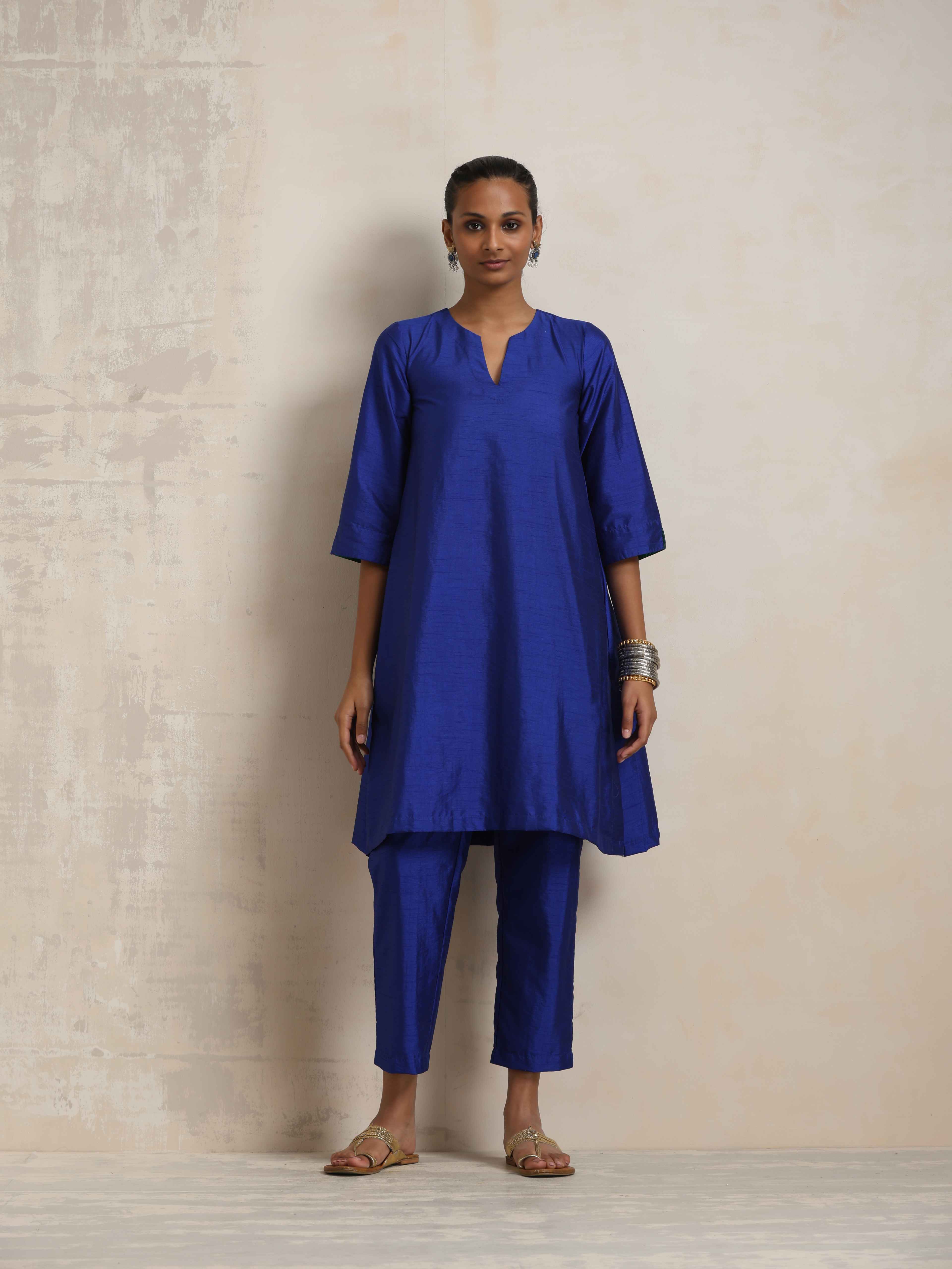 trueBrowns Blue Silk Kurta Co-ord Set - Distacart