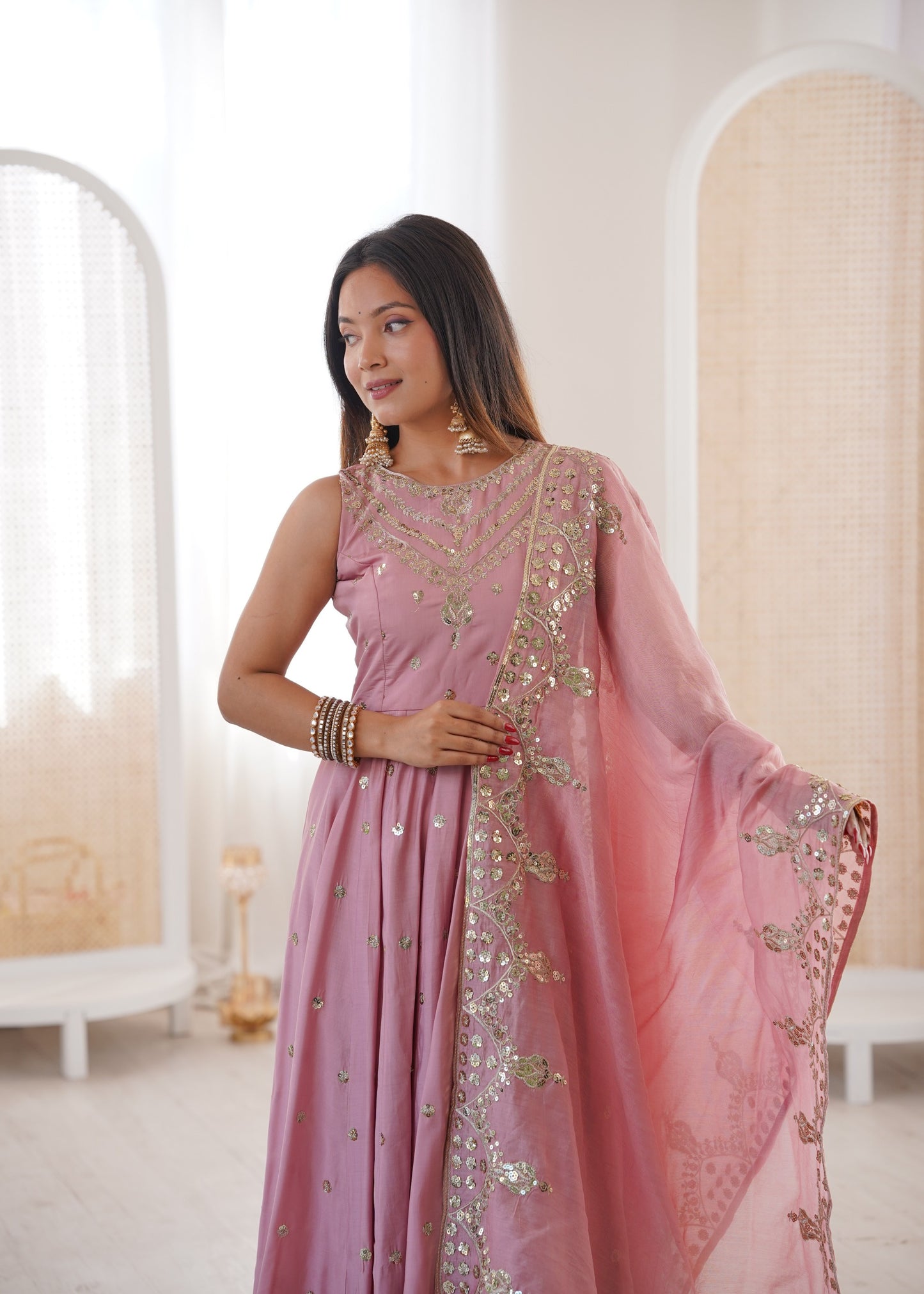 Anaita Pink Silk Readymade Anarkali Suit with Embroidery & Sequence Work - Dista