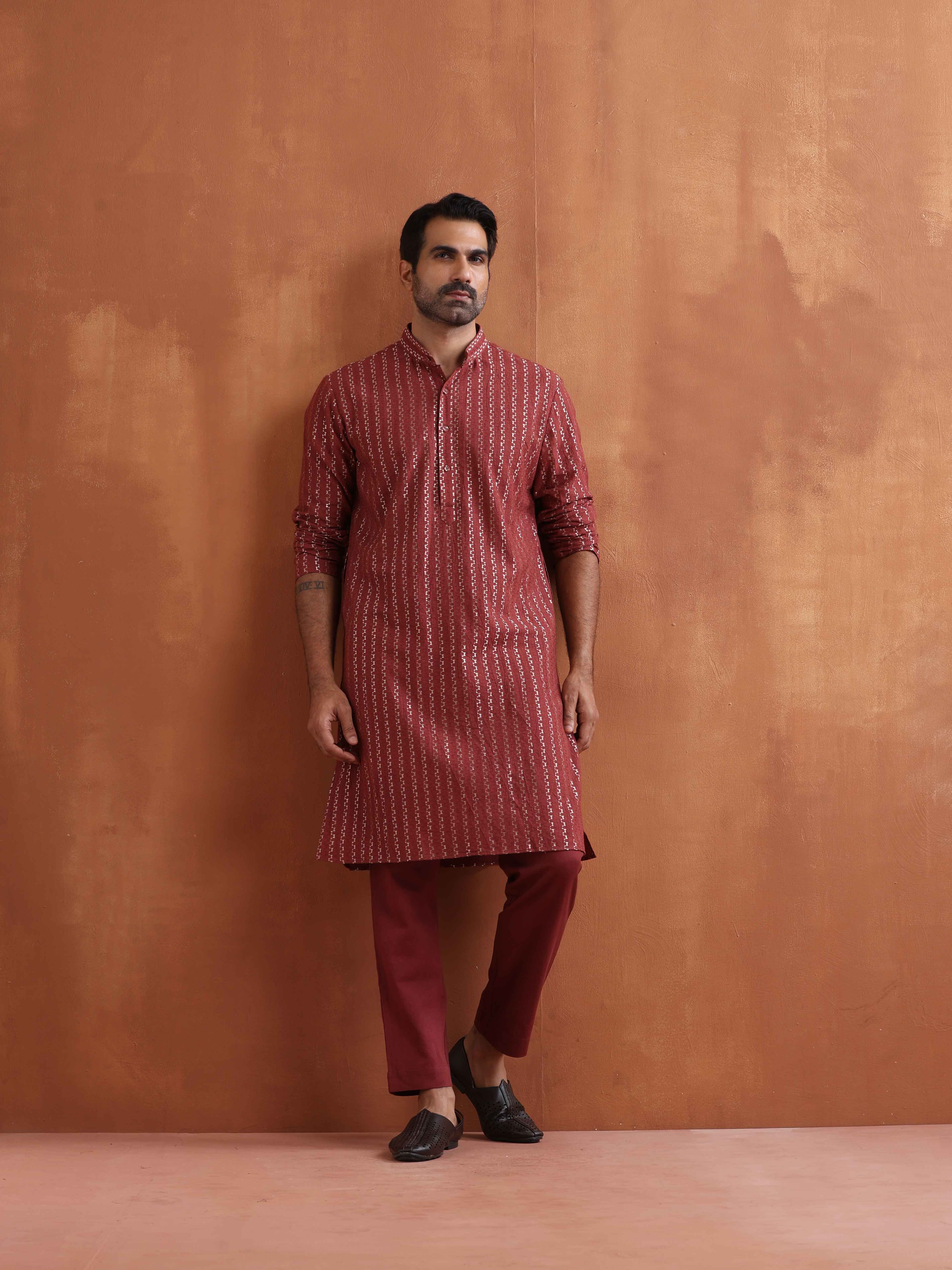 trueBrowns Men's Rust Cotton Dobby Kurta - Distacart
