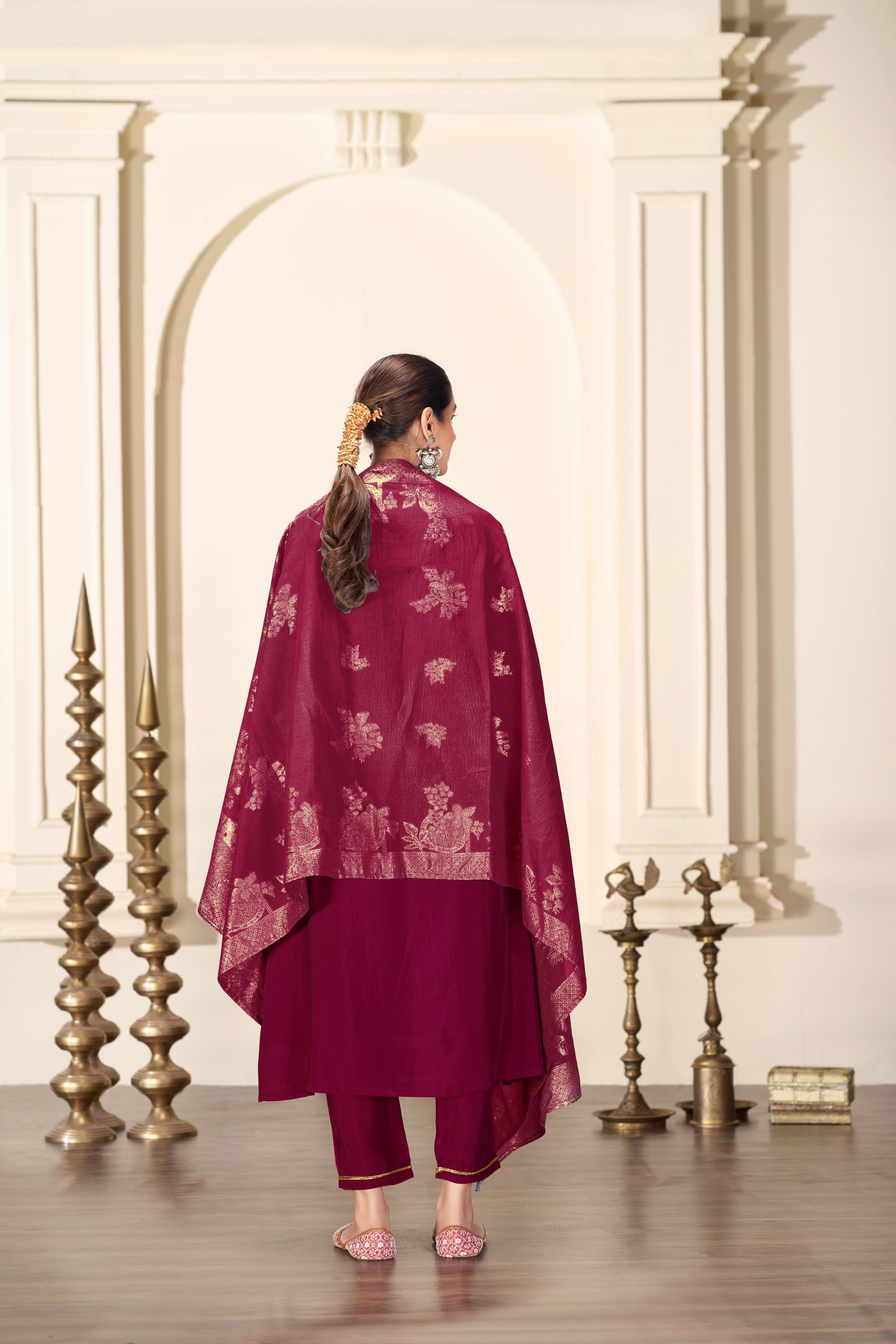 BulBul Shruti Silk Wine Kurta Set with Dupatta
