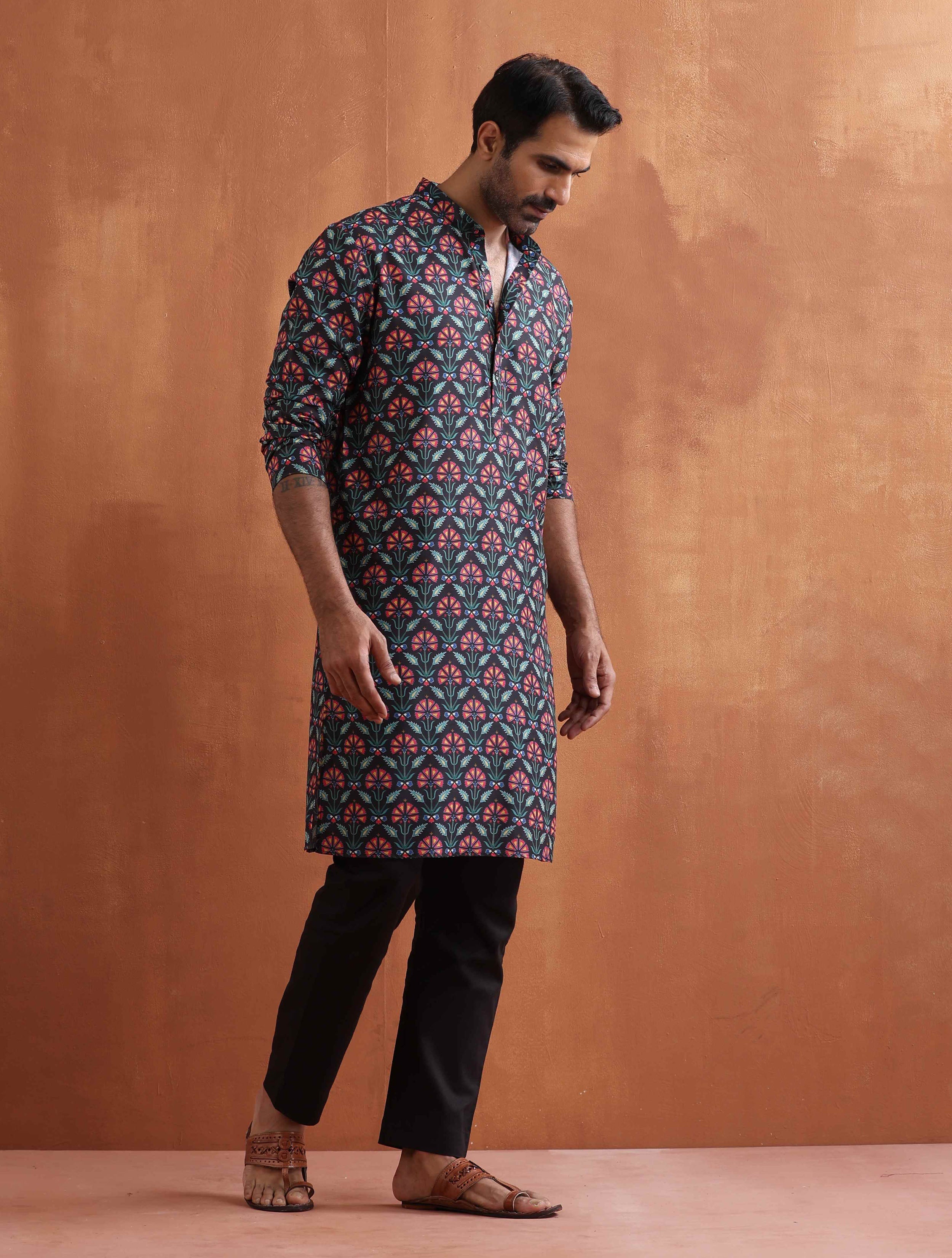 trueBrowns Men's Black Floral Printed Kurta - Distacart