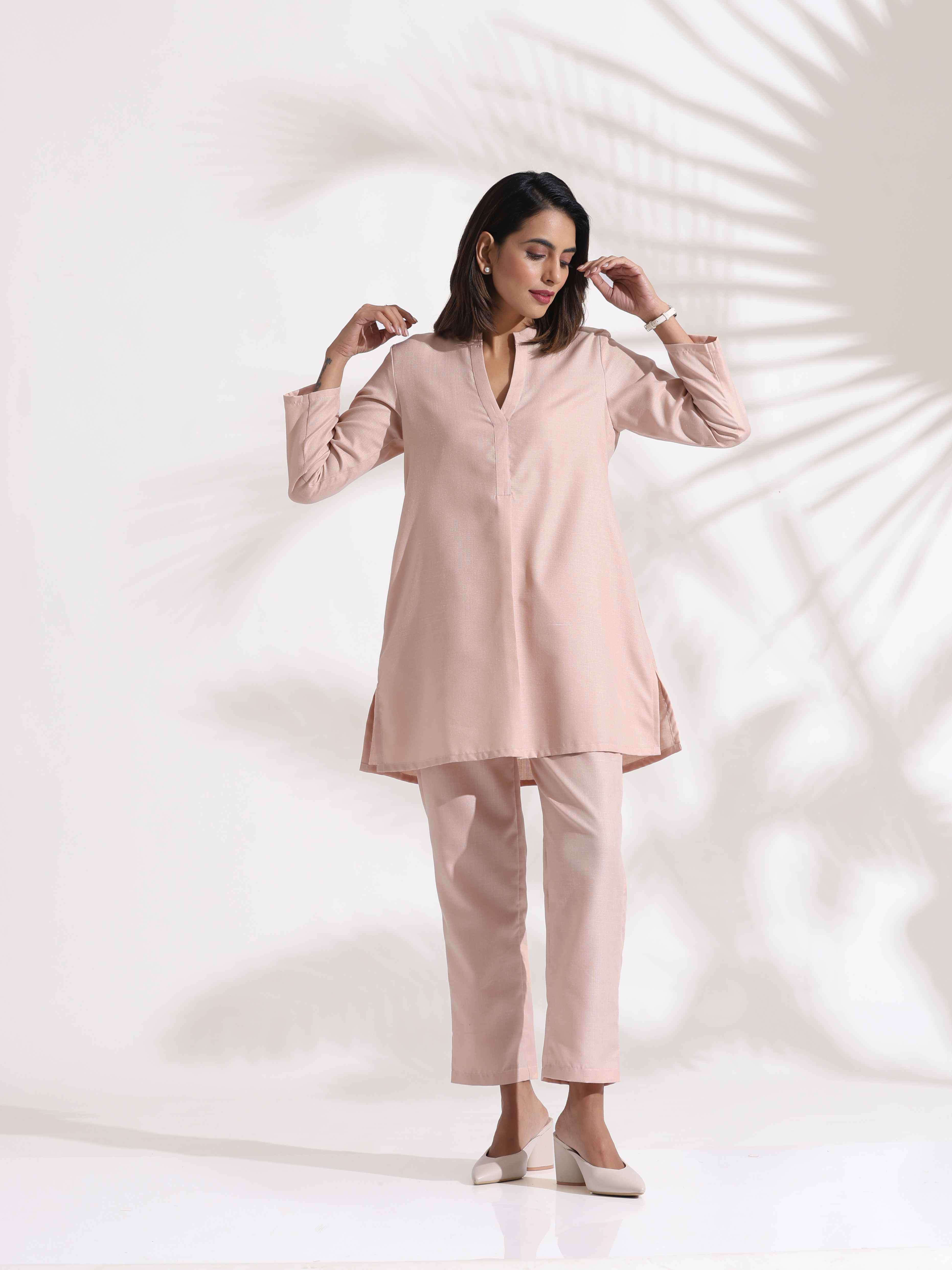 trueBrowns Light Pink Slub Co-ord Set - Distacart