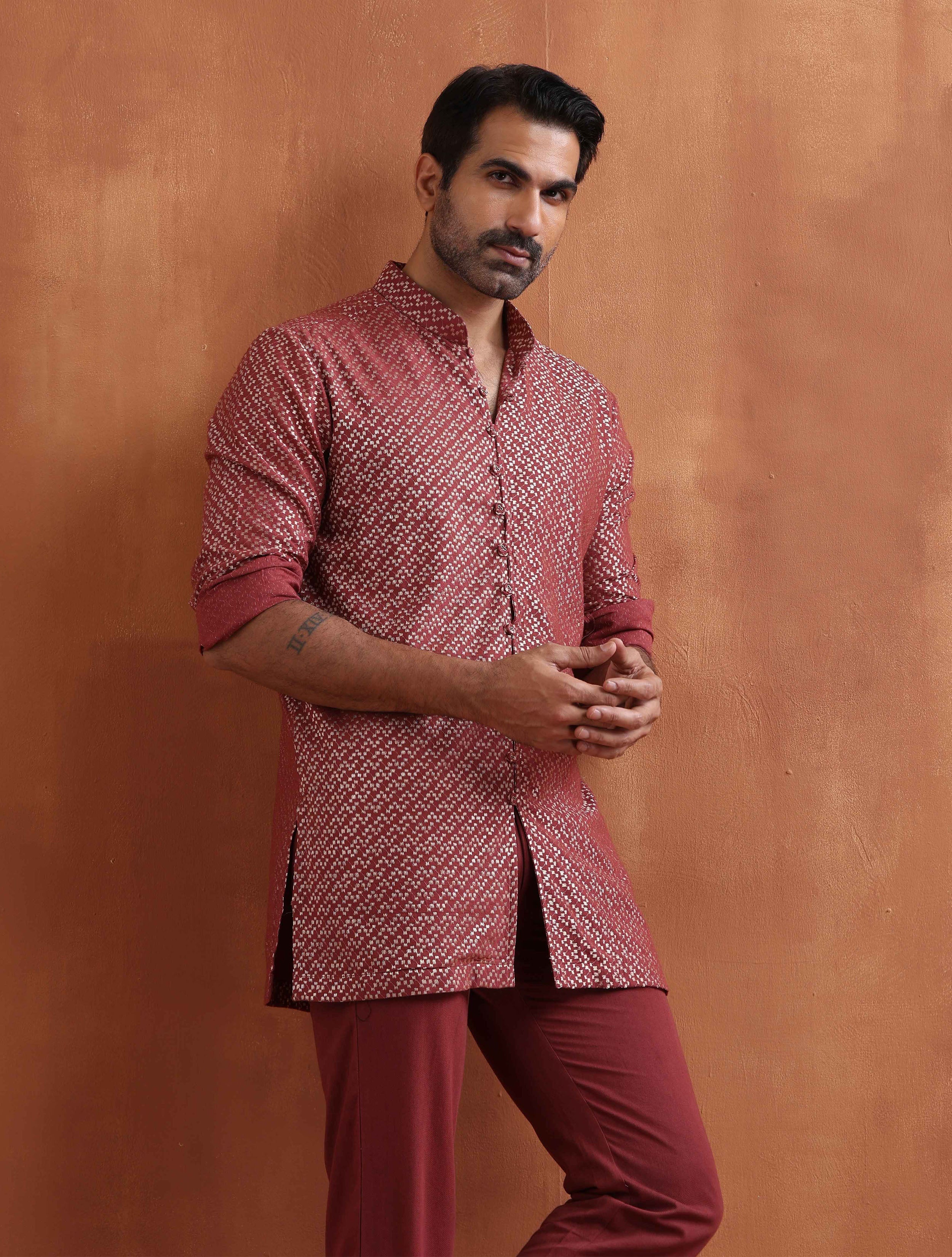 trueBrowns Men's Rust Cotton Dobby Short Kurta - Distacart