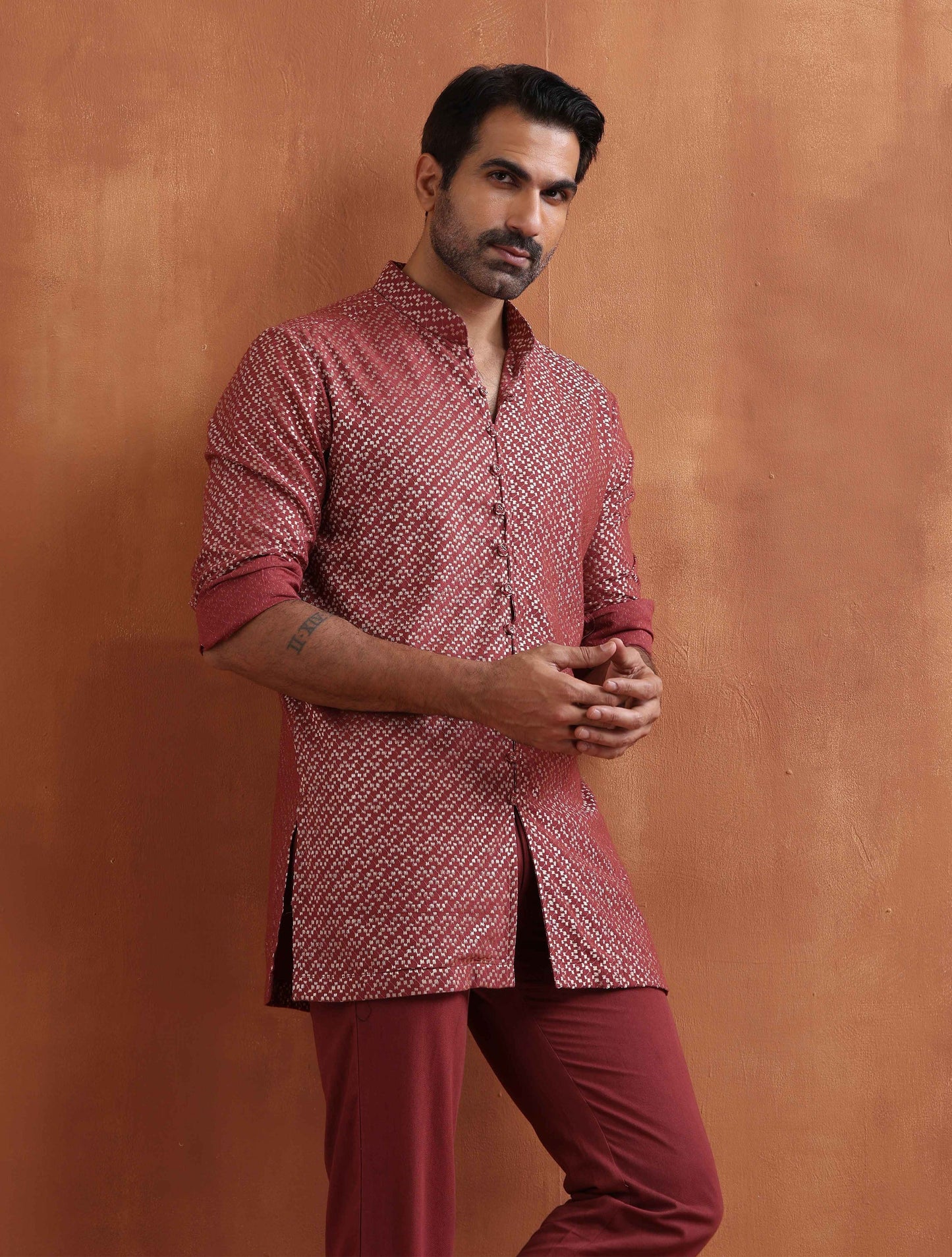 trueBrowns Men's Rust Cotton Dobby Short Kurta - Distacart