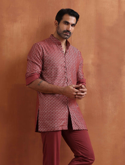 trueBrowns Men's Rust Cotton Dobby Short Kurta - Distacart