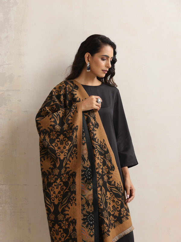 trueBrowns Brown Floral Reversible Woollen Stole - Distacart