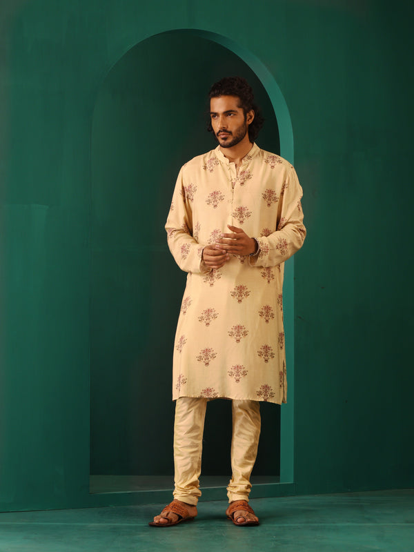 trueBrowns Men's Beige Floral Bunch Muslin Silk Printed Long Kurta - Distacart