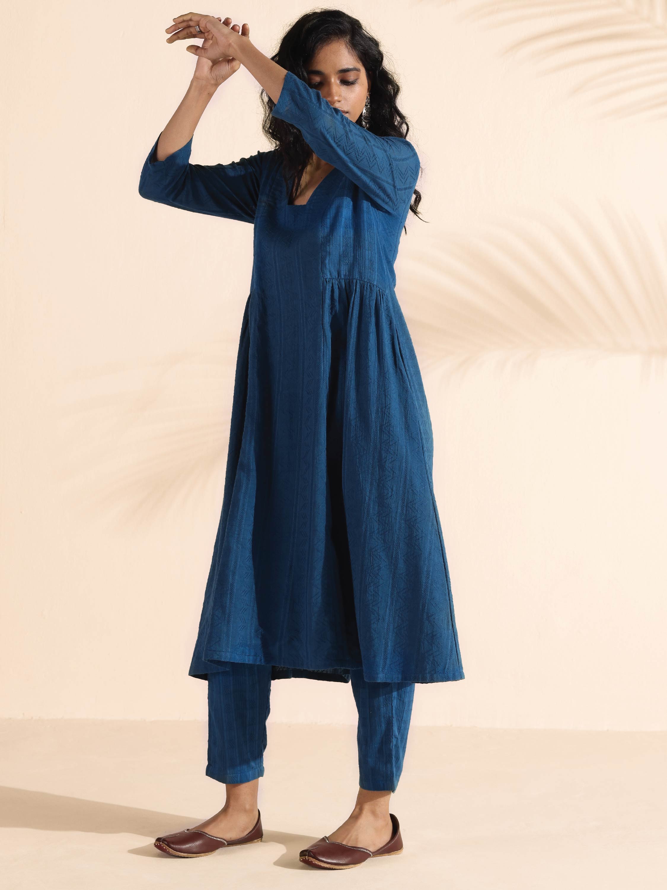trueBrowns Blue Cotton Dobby Flared Kurta Pant Set - Distacart