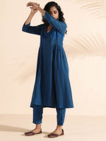 Thumbnail for trueBrowns Blue Cotton Dobby Flared Kurta Pant Set - Distacart