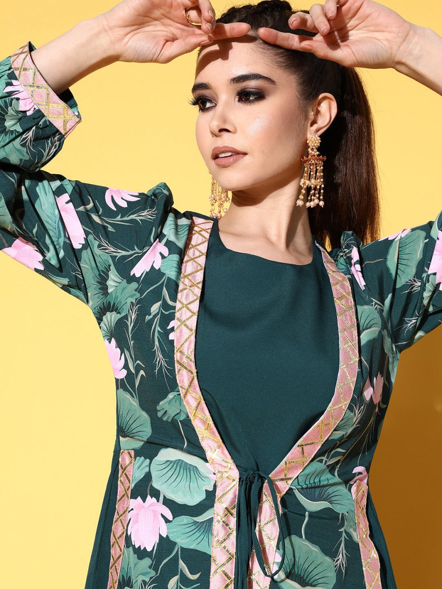 Ahalyaa Green Crepe Puff Sleeves Floral Printed Maxi Ethnic Dress with Waist Tie-Ups - Distacart