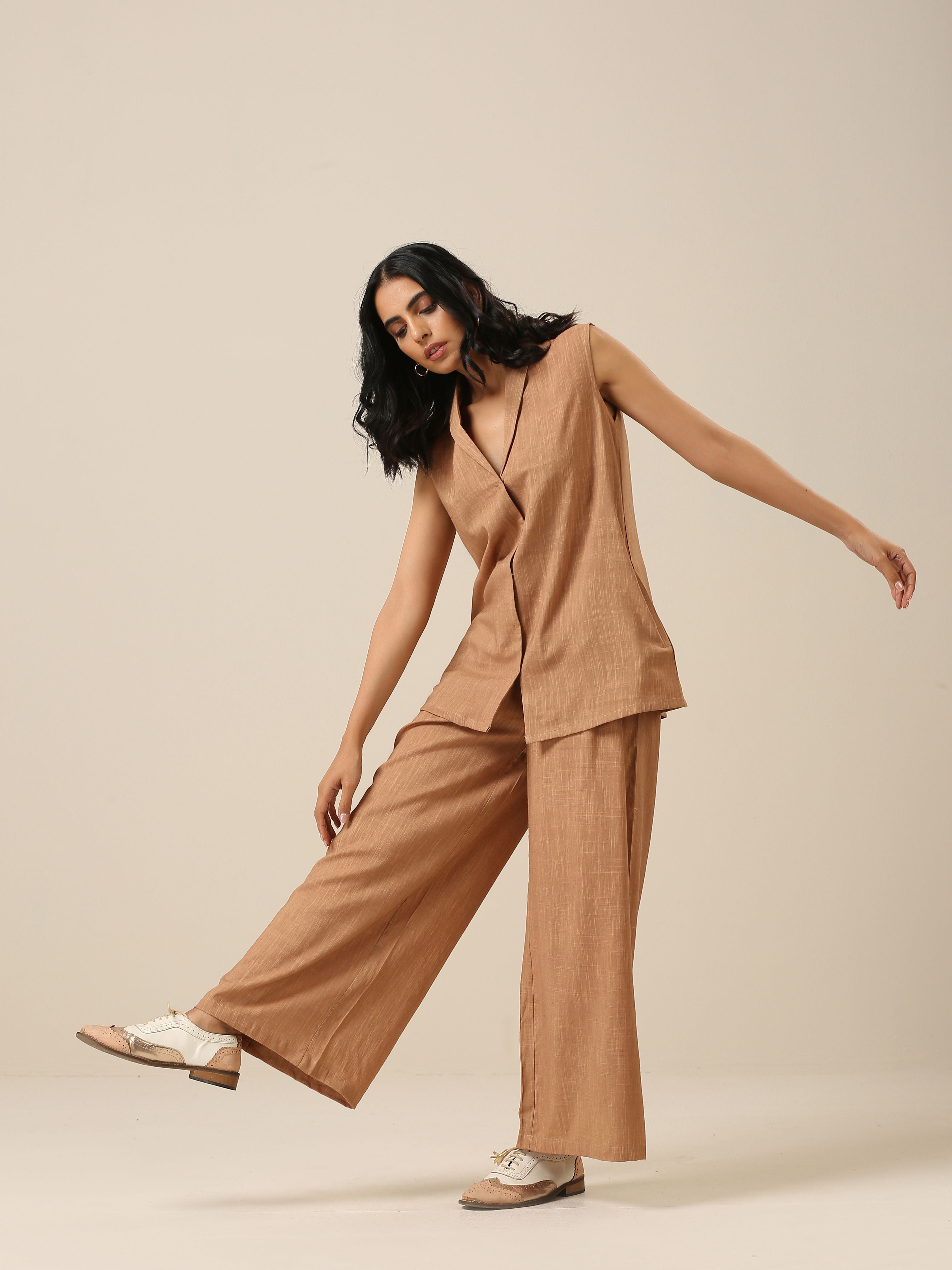 trueBrowns Beige Slub Texture Sleevesless Jacket Pant Set - Distacart