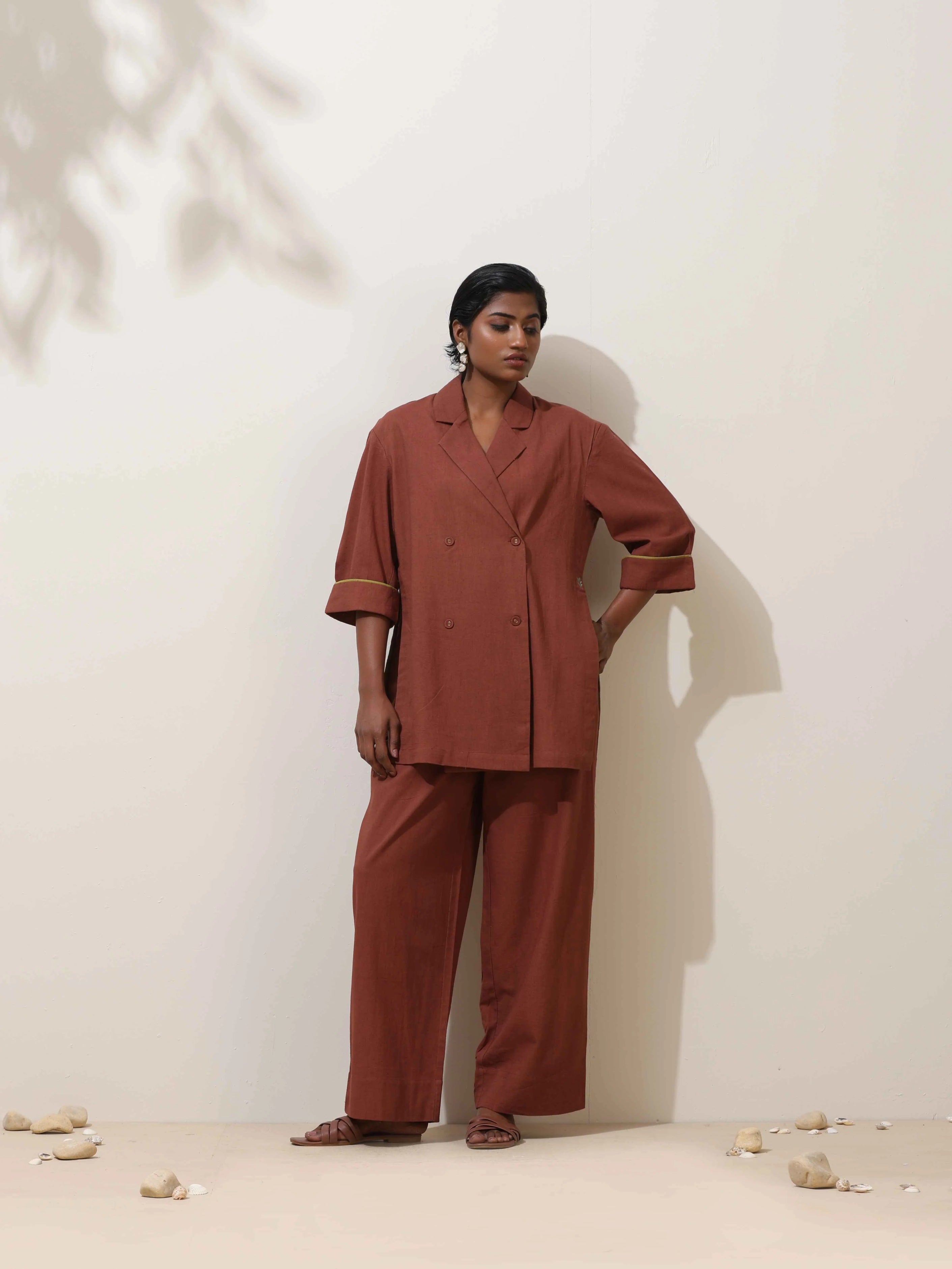 trueBrowns Brown Cotton Linen Co-Ord Set - Distacart