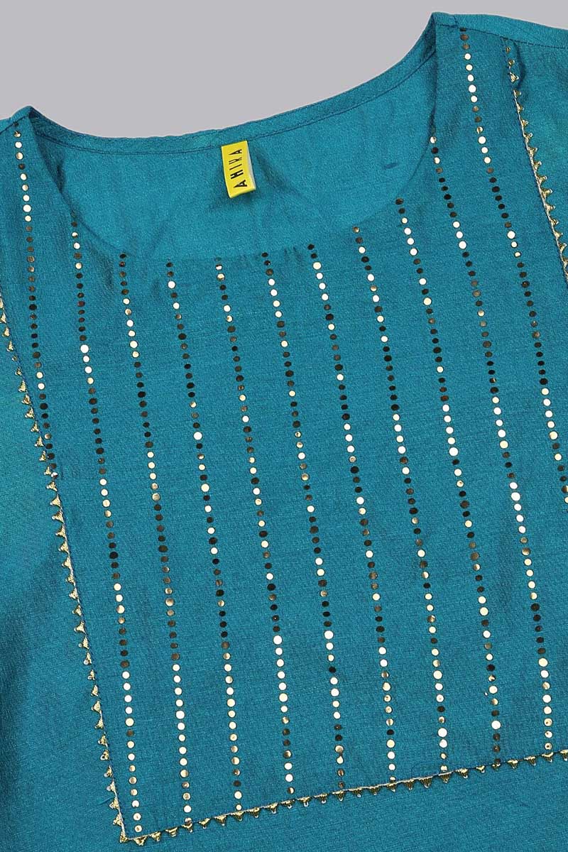 Ahika Blue Poly Chanderi Solid Straight Suit Set