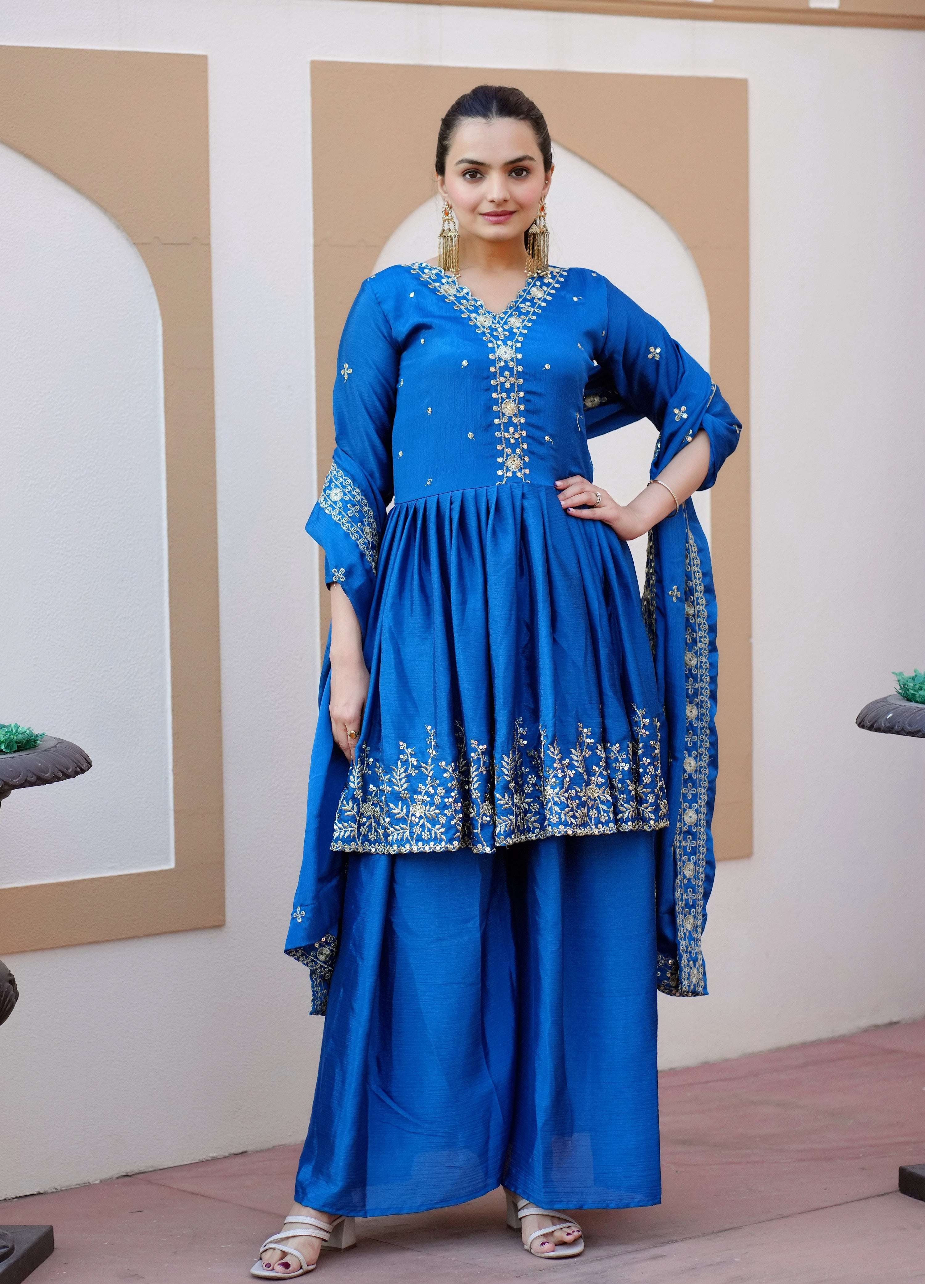 Yash Enterprise Glorious Blue Chinon Silk Embroidery Work Readymade Salwar Suit