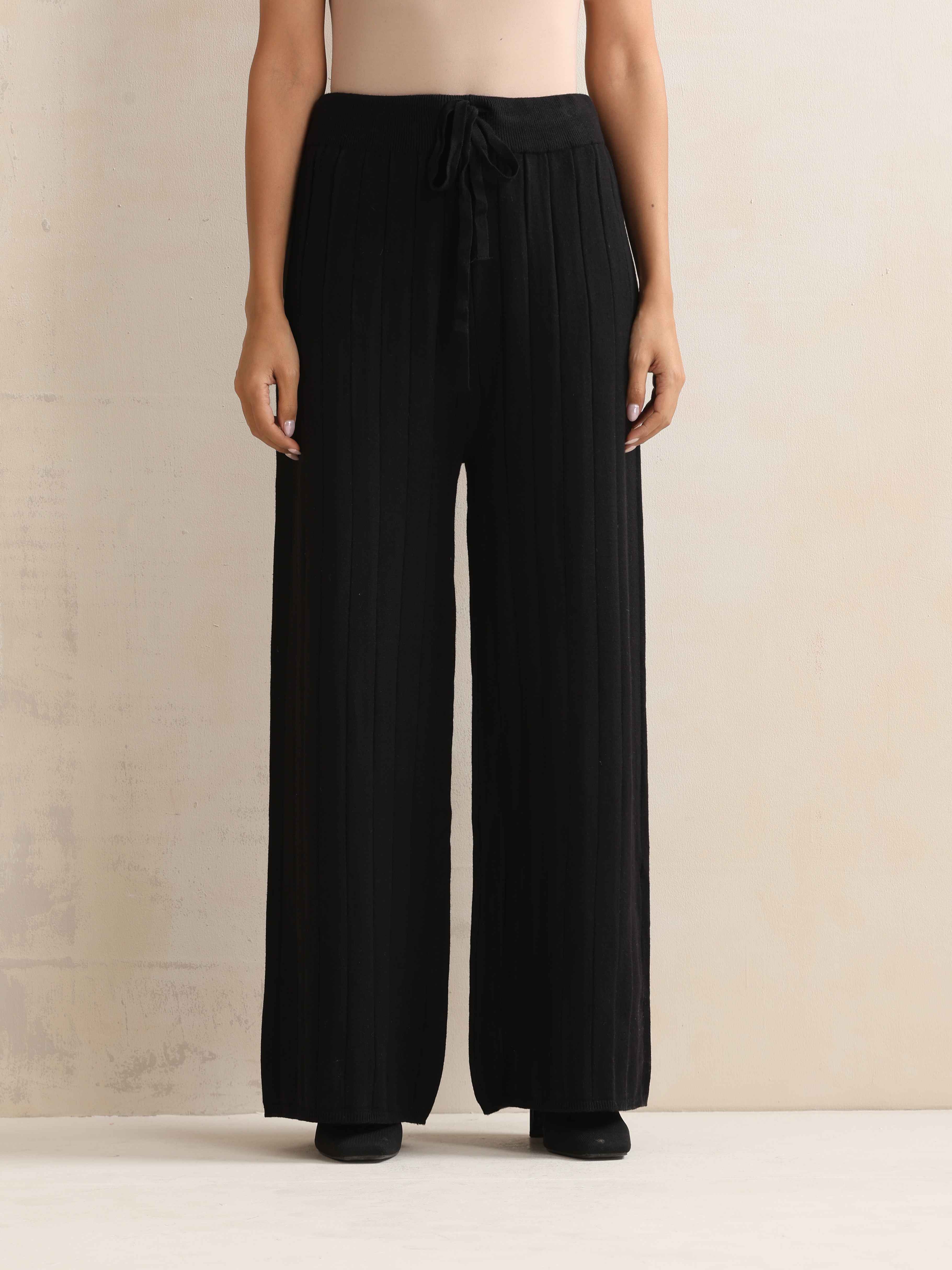 trueBrowns Black Woollen Flared Pants - Distacart