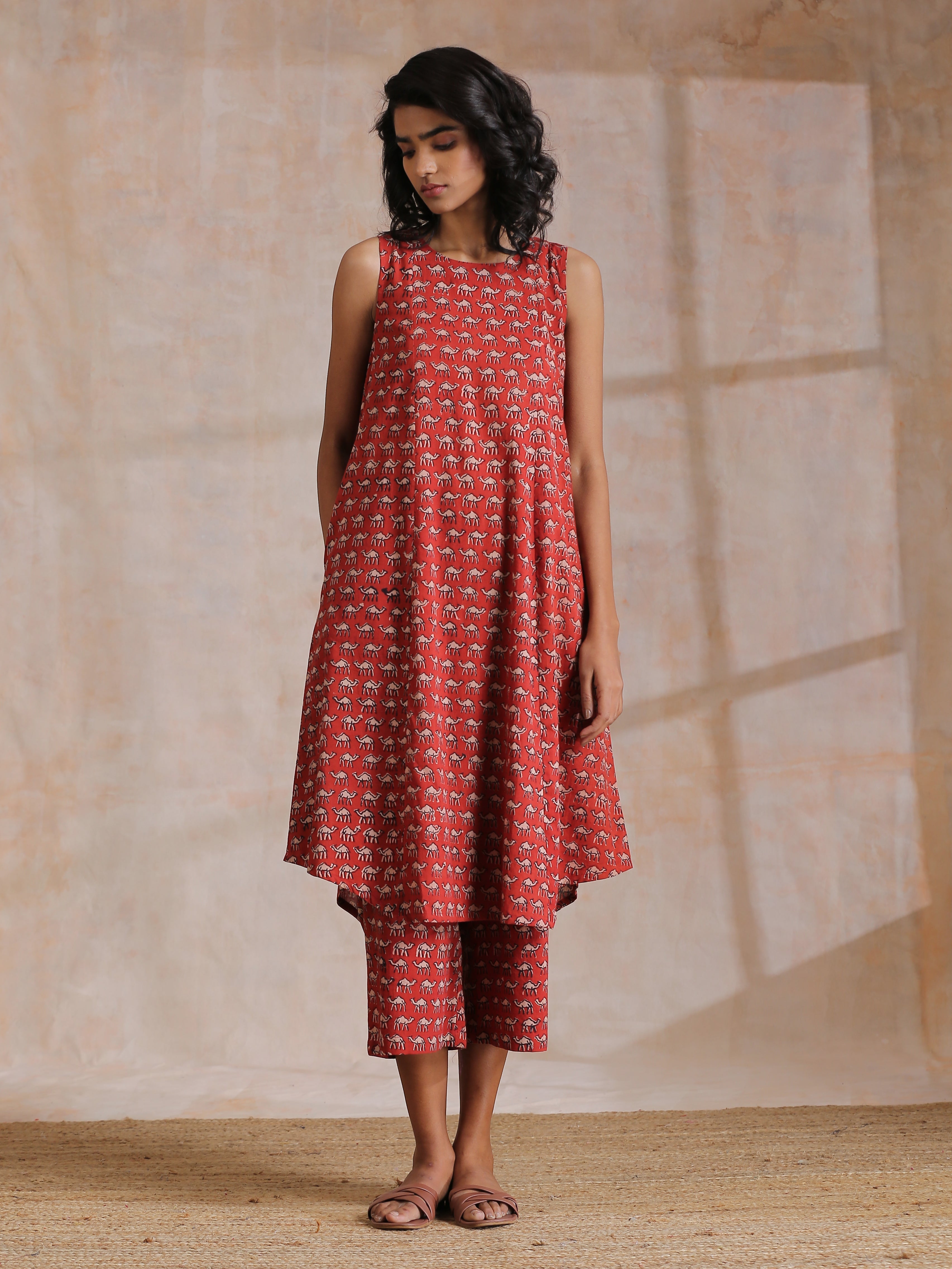 trueBrowns Rust Red Bagru Camel Print Cotton High-Low Co-Ord Set - Distacart
