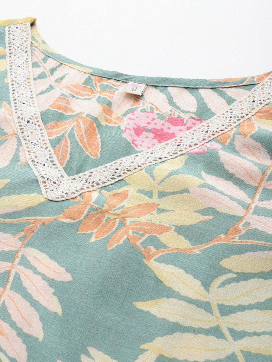Ahalyaa Floral Printed Tunic with Lace Inserts Detail - Distacart