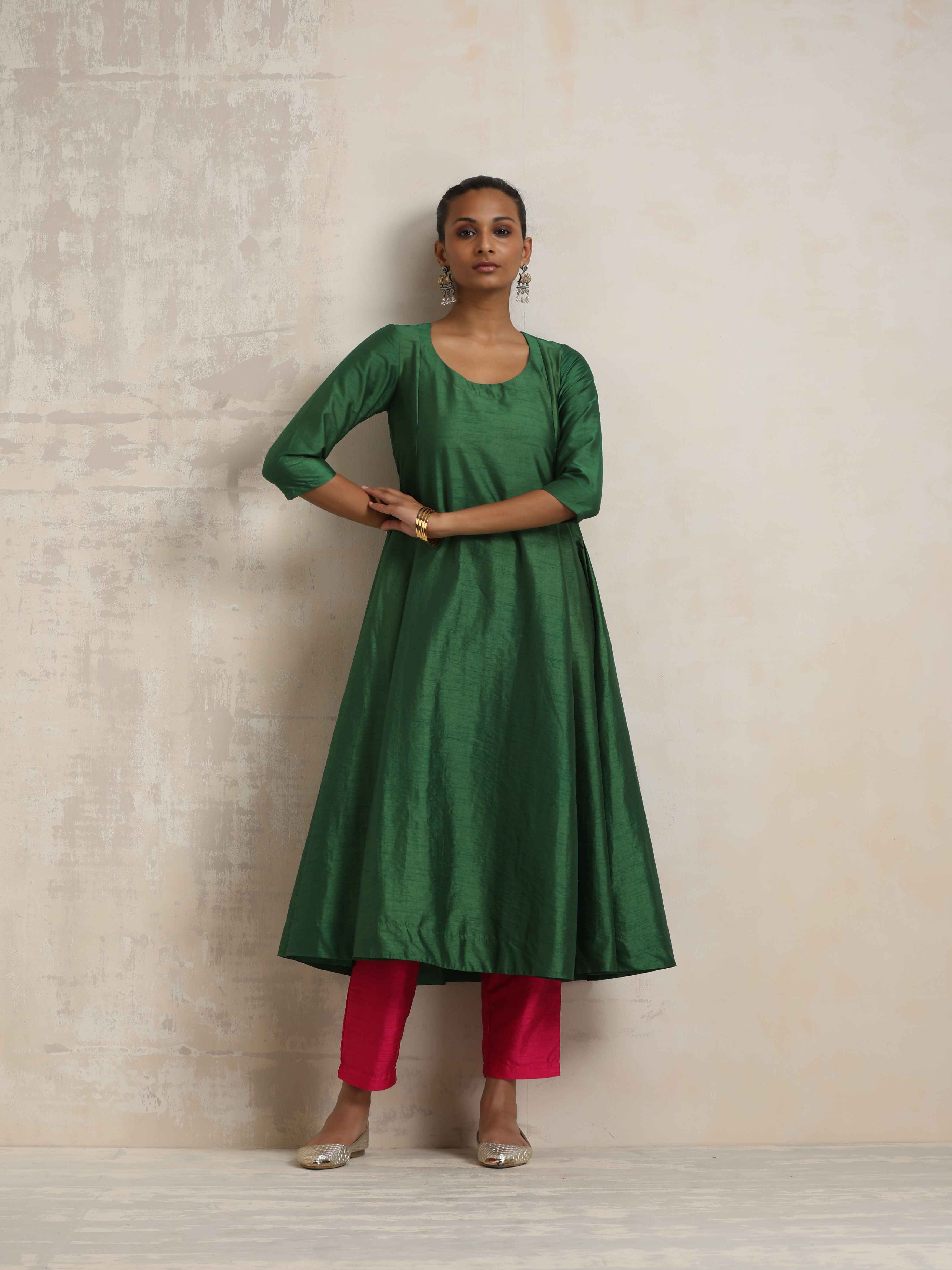 trueBrowns Dark Green Anarkali Kurta Pant Dupatta Set - Distacart