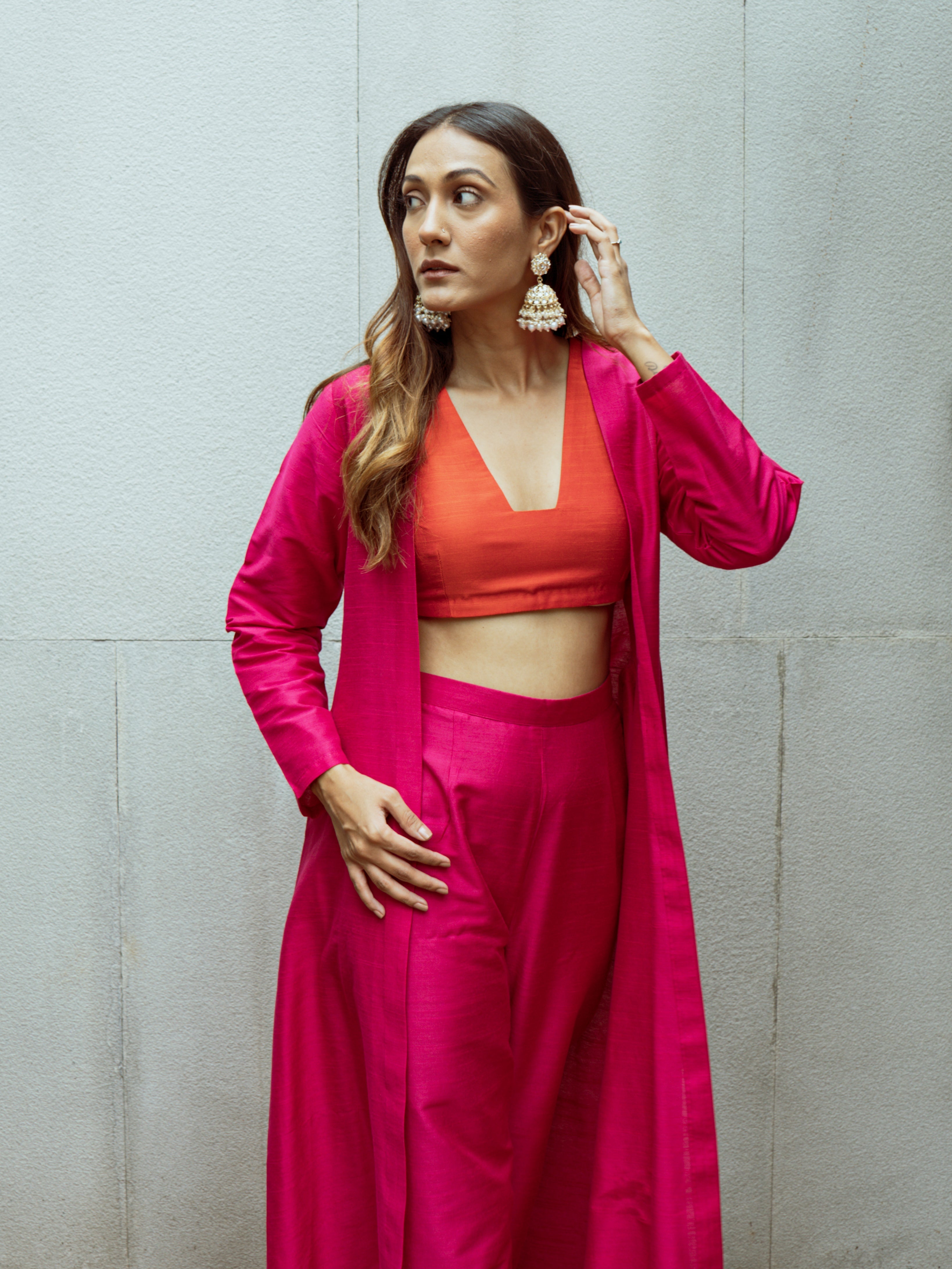 trueBrowns Pink Dupion Silk Overlay Jacket Blouse Pant Set - Distacart