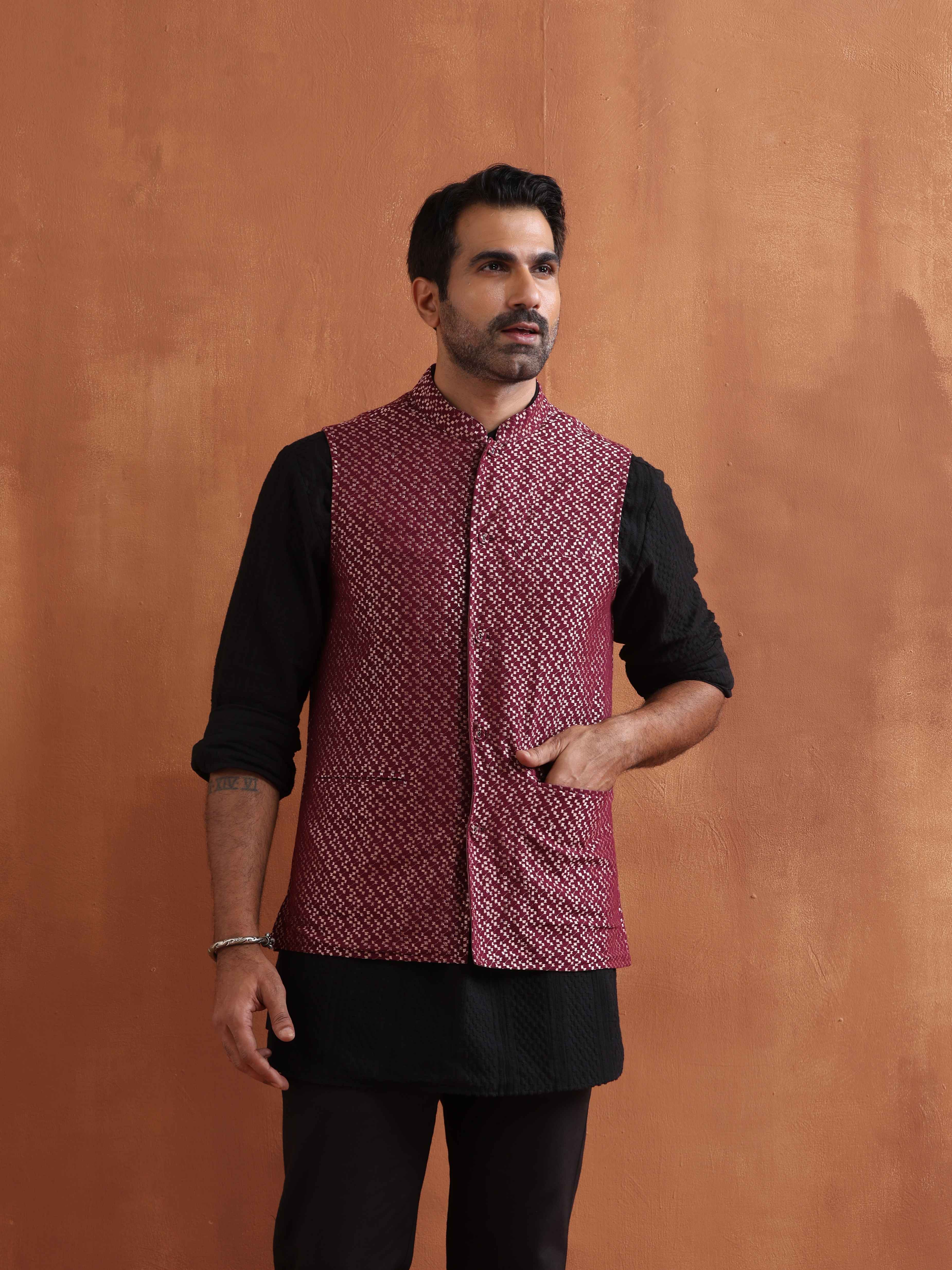 trueBrowns Men's Dark Purple Cotton Dobby Nehru Jacket - Distacart