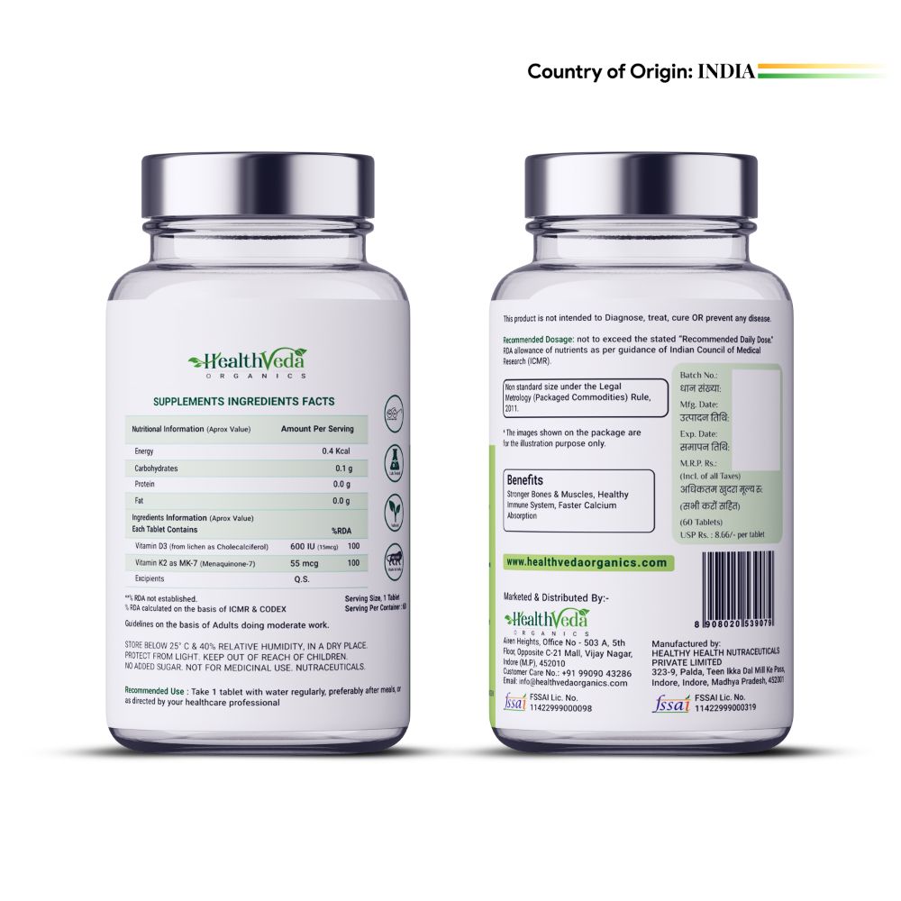 Health Veda Organics Vitamin D3 + K2 Healthy Bones Tablets - Distacart