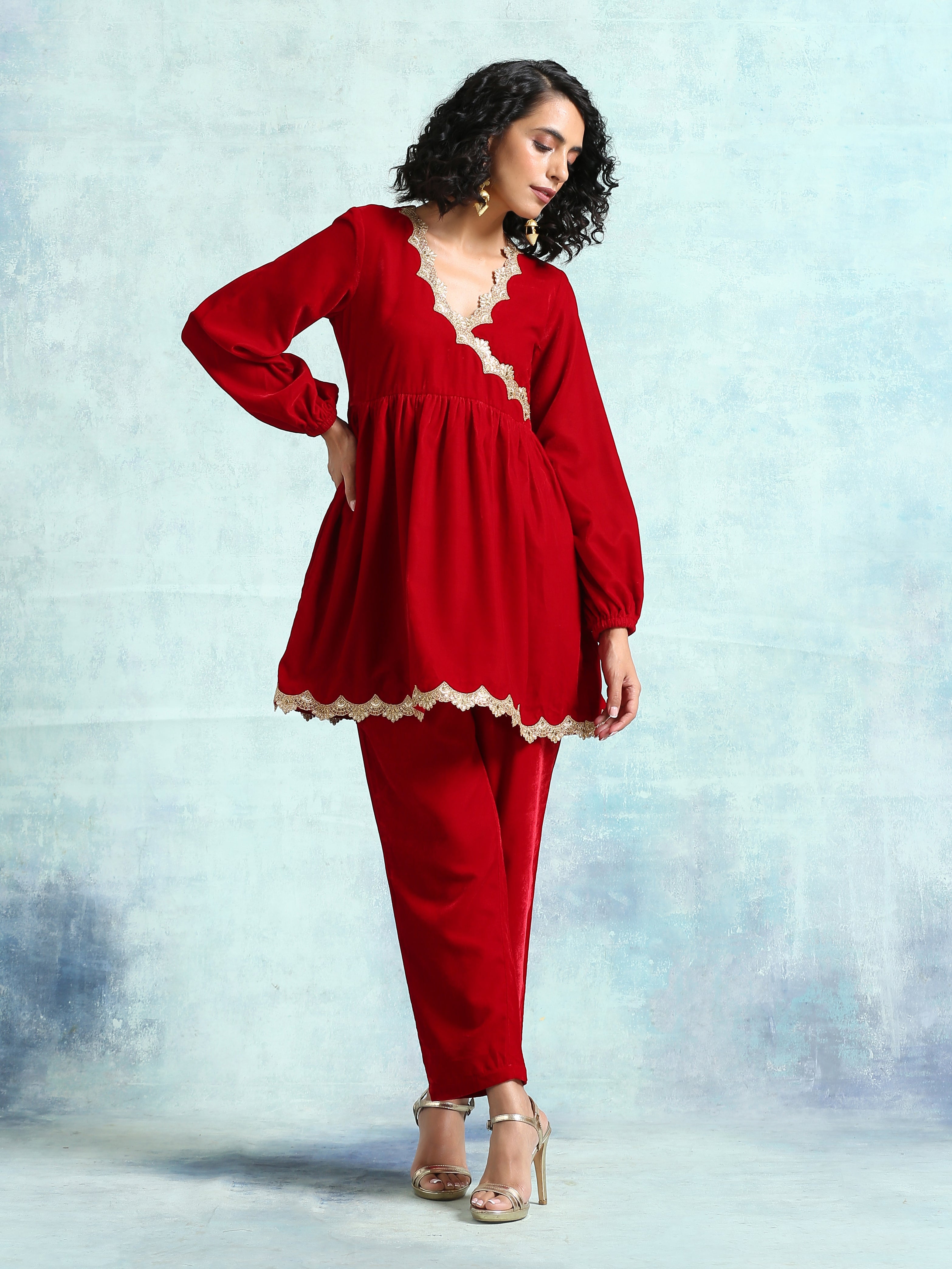 trueBrowns True Red Velvet Lace Co-Ord Set - Distacart