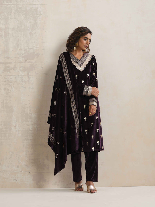 trueBrowns Wine Velvet Floral Embroidered Kurta Pant Dupatta Set - Distacart