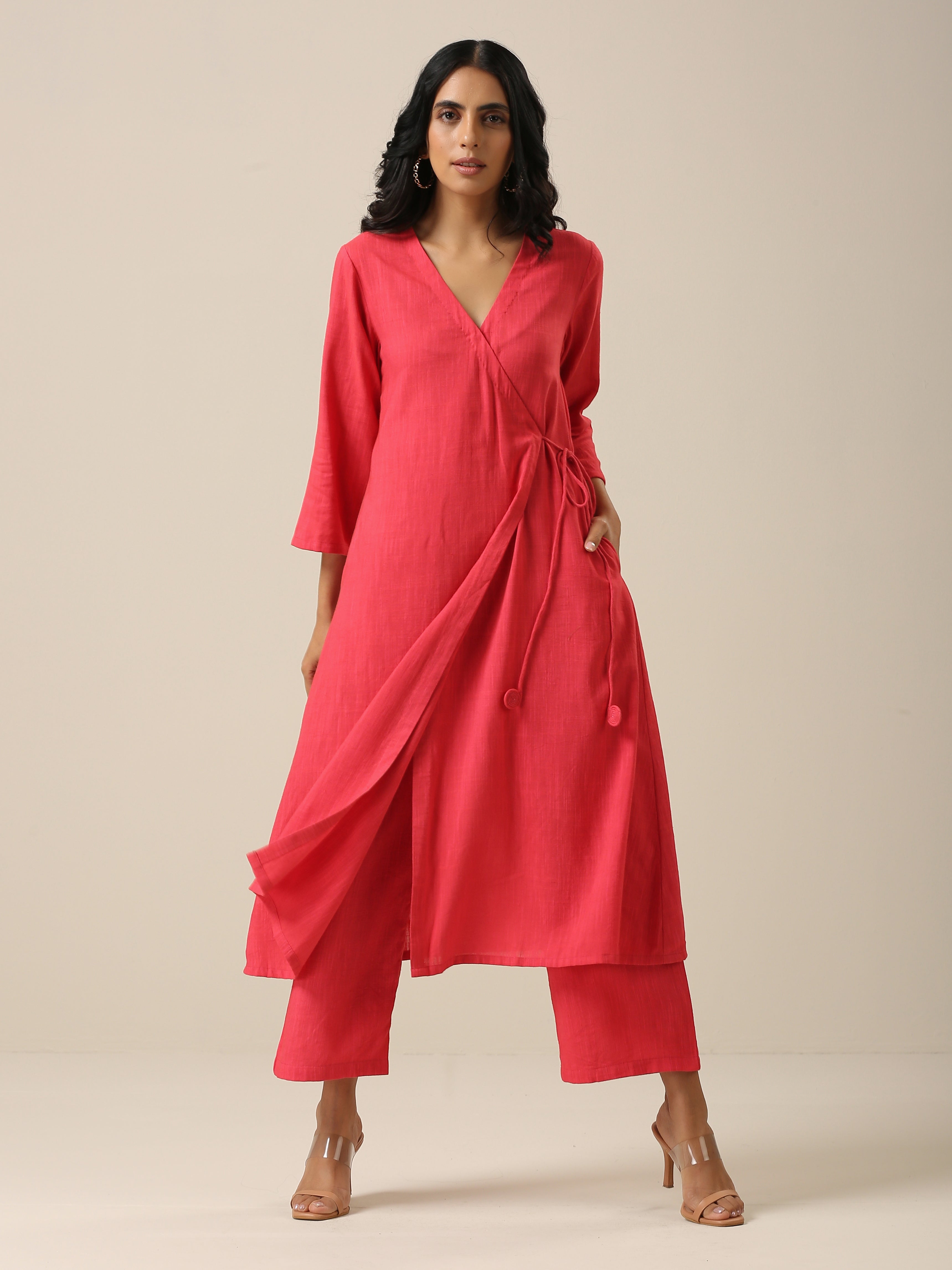 trueBrowns Bright Pink Slub Texture Angrakha Pant Set - Distacart