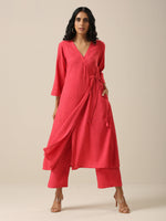 Thumbnail for trueBrowns Bright Pink Slub Texture Angrakha Pant Set - Distacart