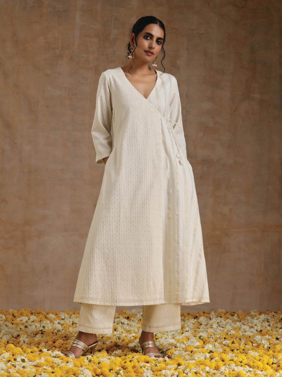 trueBrowns Ivory Gold Cotton Angrakha Kurta Set - Distacart