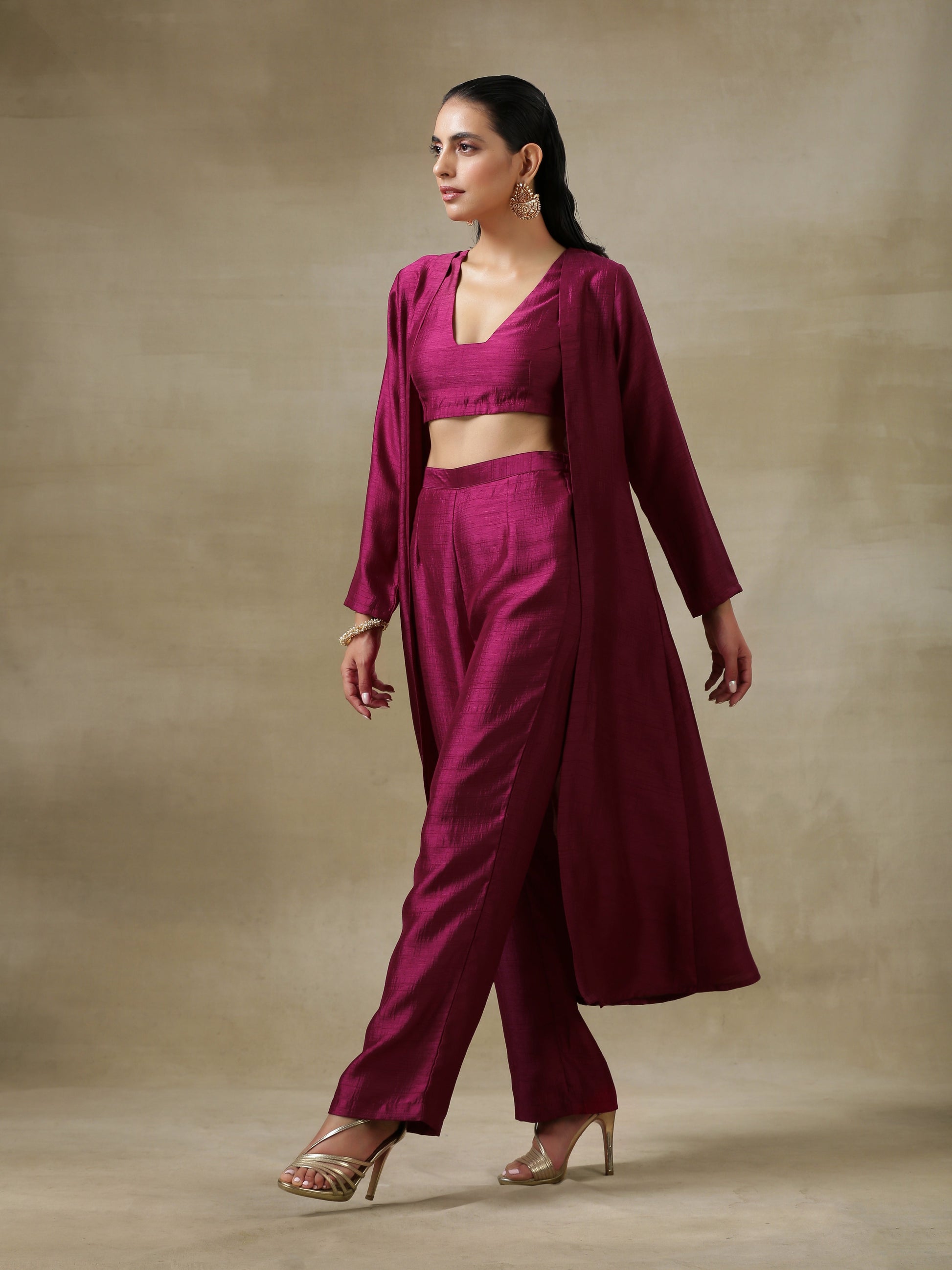 trueBrowns Purple Textured Silk Overlay Jacket Blouse Pant Set - Distacart