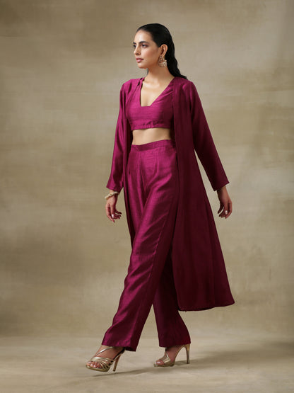 trueBrowns Purple Textured Silk Overlay Jacket Blouse Pant Set - Distacart