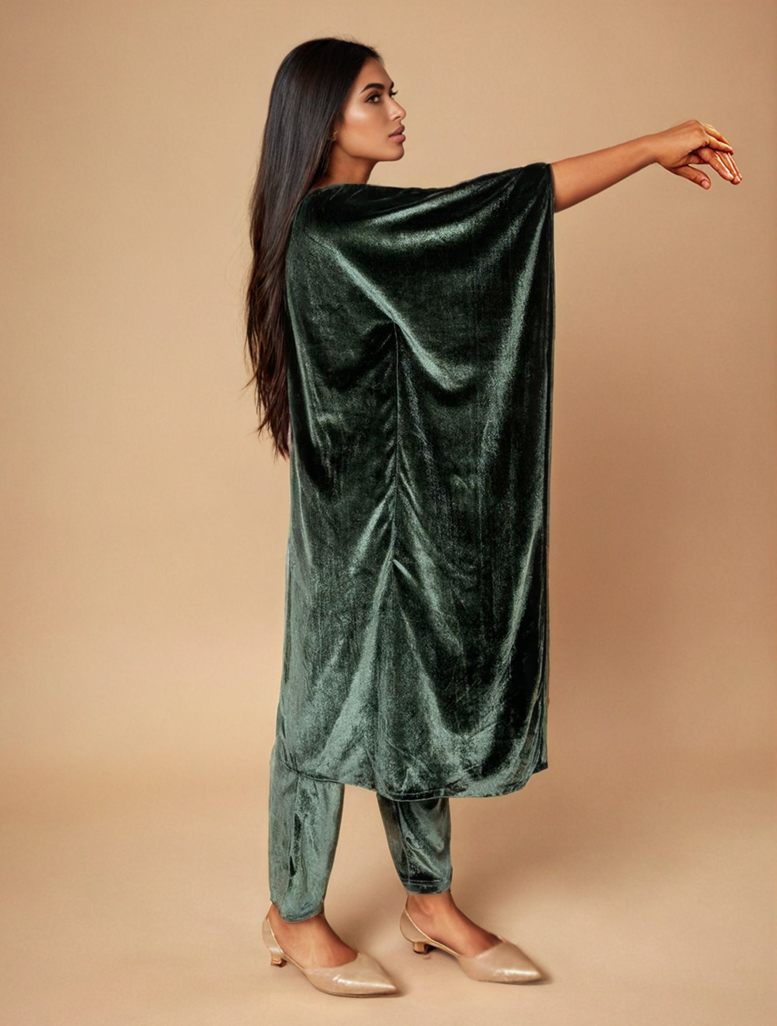 trueBrowns Olive Green Velvet Embroidered Kaftan Kurta Set - Distacart