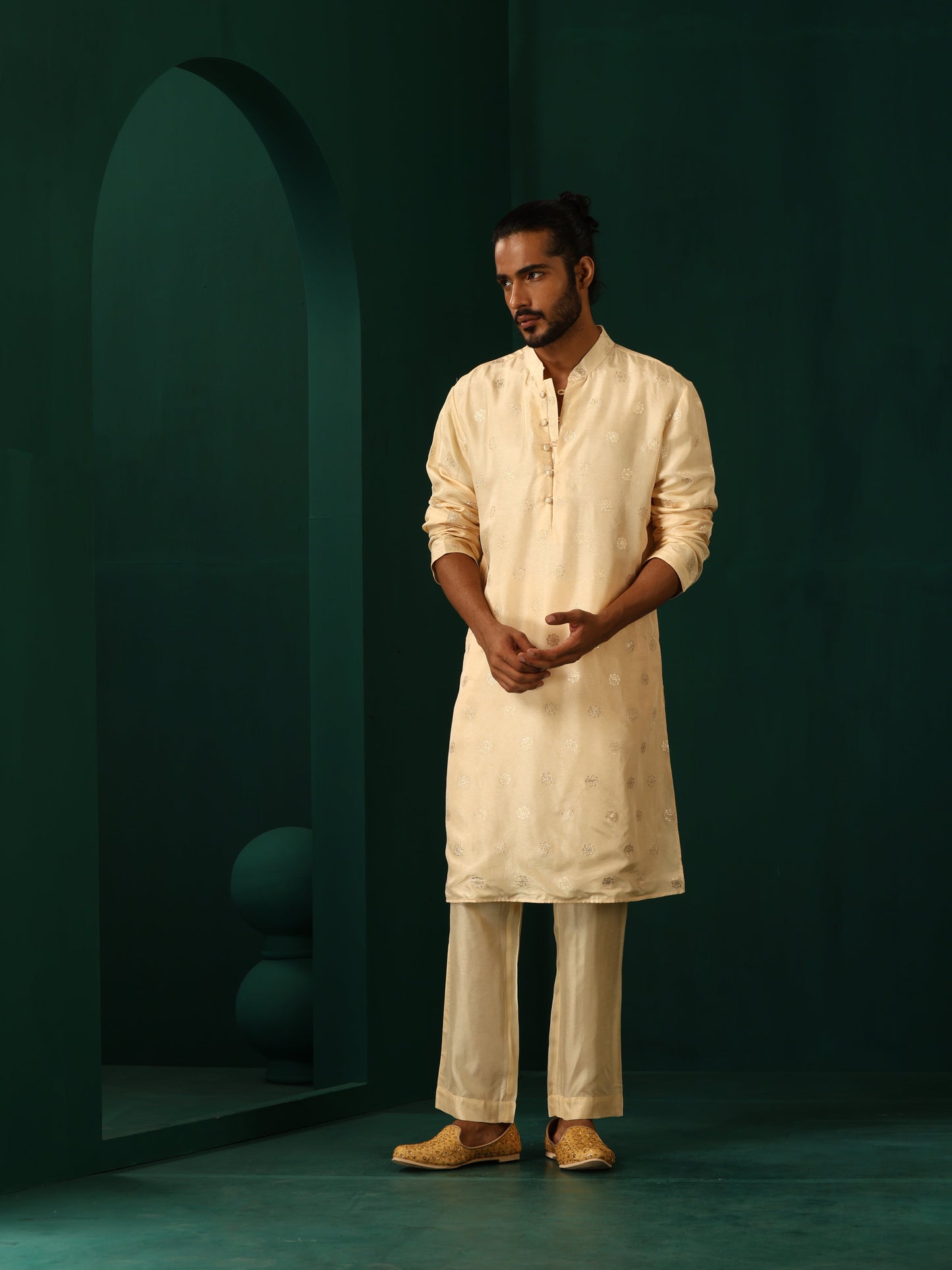 trueBrowns Men's Ivory Geometric Floral Viscose Silk Long Kurta - Distacart