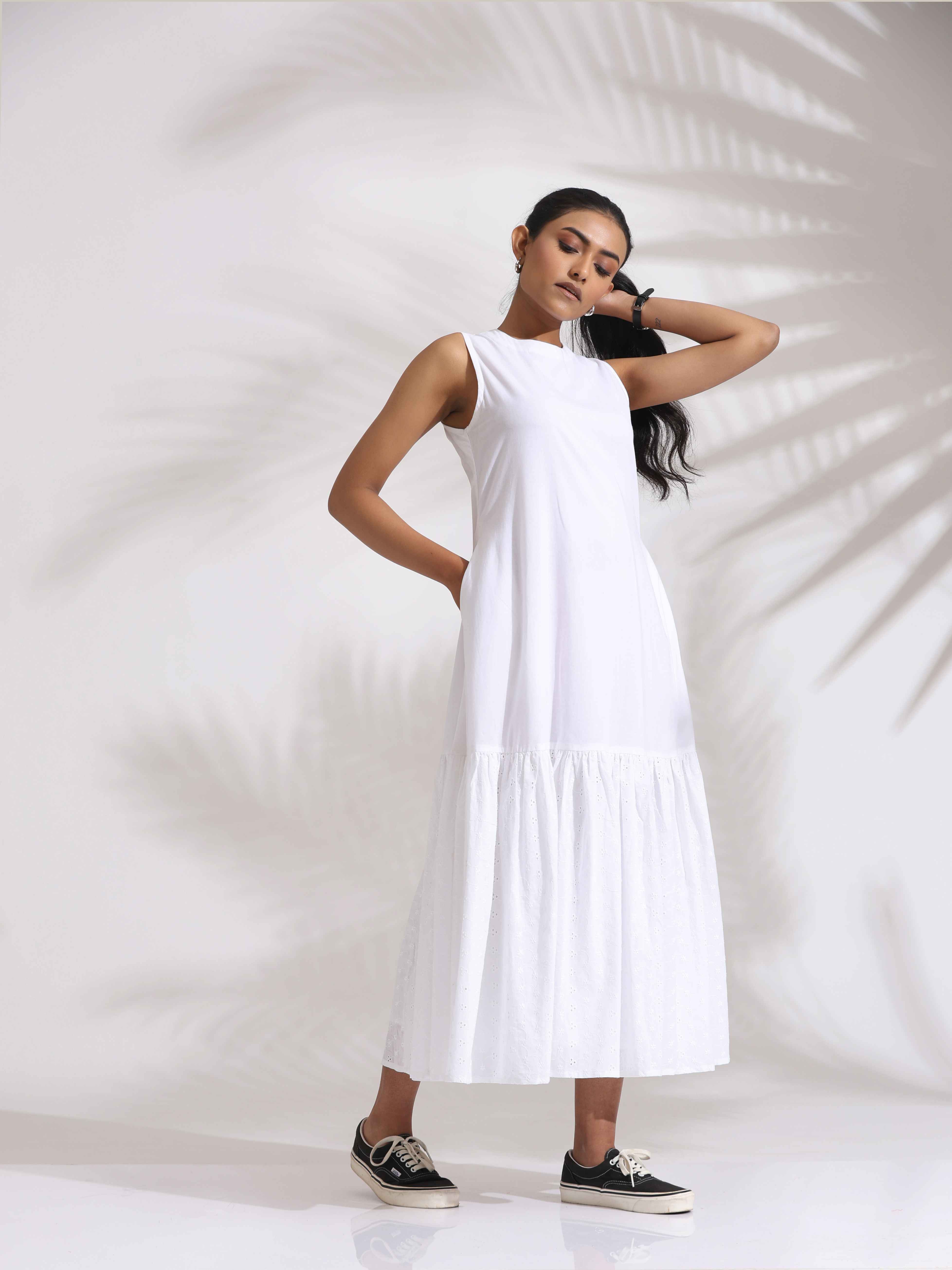 trueBrowns White Cotton Schiffli Tier Dress - Distacart