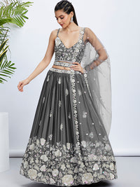 Thumbnail for House of Panchhi Navy Blue Georgette Sequins, Mirror And Thread Embroidery Lehenga Choli & Dupatta - Distacart