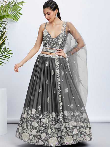 House of Panchhi Navy Blue Georgette Sequins, Mirror And Thread Embroidery Lehenga Choli & Dupatta - Distacart