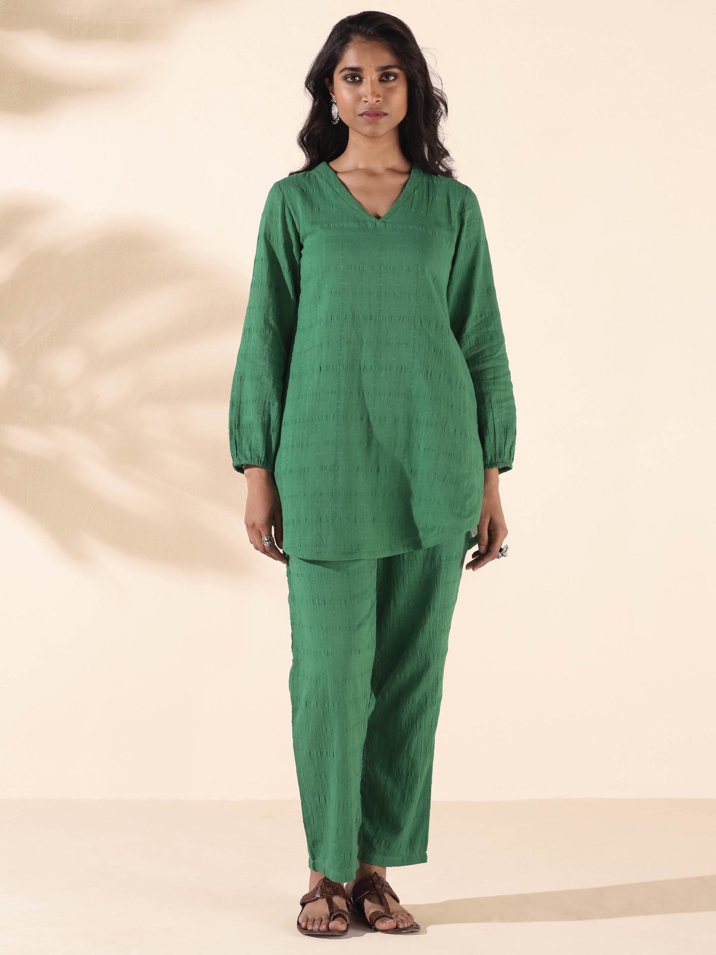 trueBrowns Green Cotton Dobby Relaxed Co-ord Set - Distacart