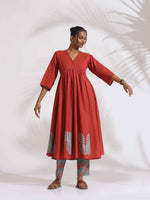 Thumbnail for trueBrowns Red Cotton Print Flared Kurta Set