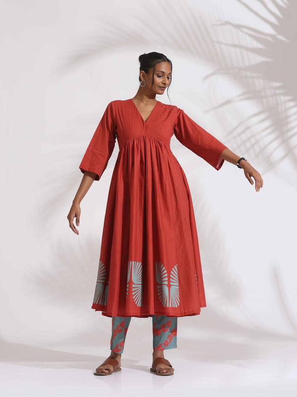 trueBrowns Red Cotton Print Flared Kurta Set