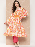 Thumbnail for Ahalyaa Women Floral Printed Flared Sleeves Gotta Patti Crepe Kaftan Kurta - Distacart