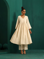 Thumbnail for trueBrowns Ivory Tonal Cotton Anarkali Kurta Pant Set - Distacart