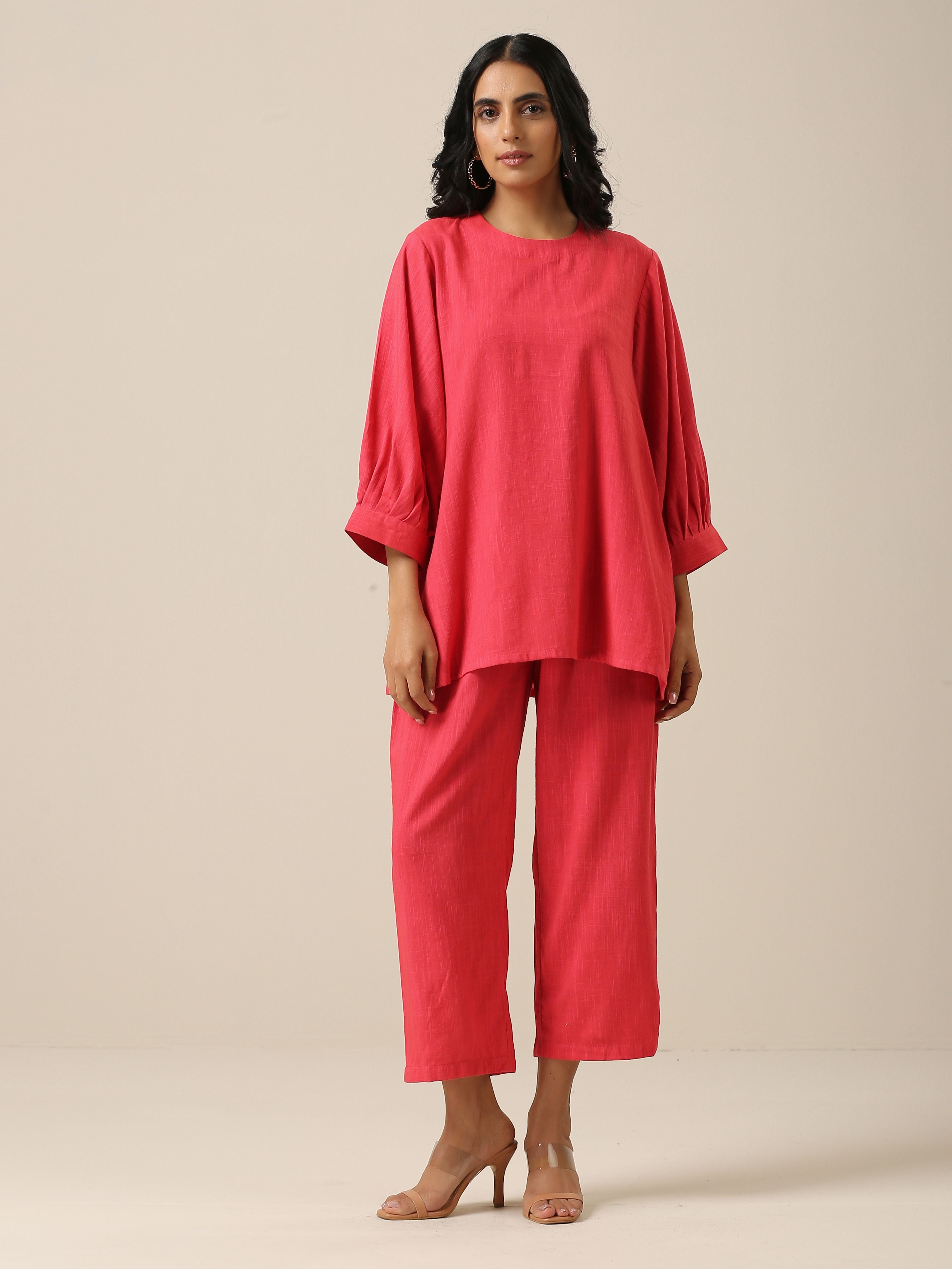 trueBrowns Bright Pink Slub Texture Baggy Sleeve Co-Ord Set - Distacart