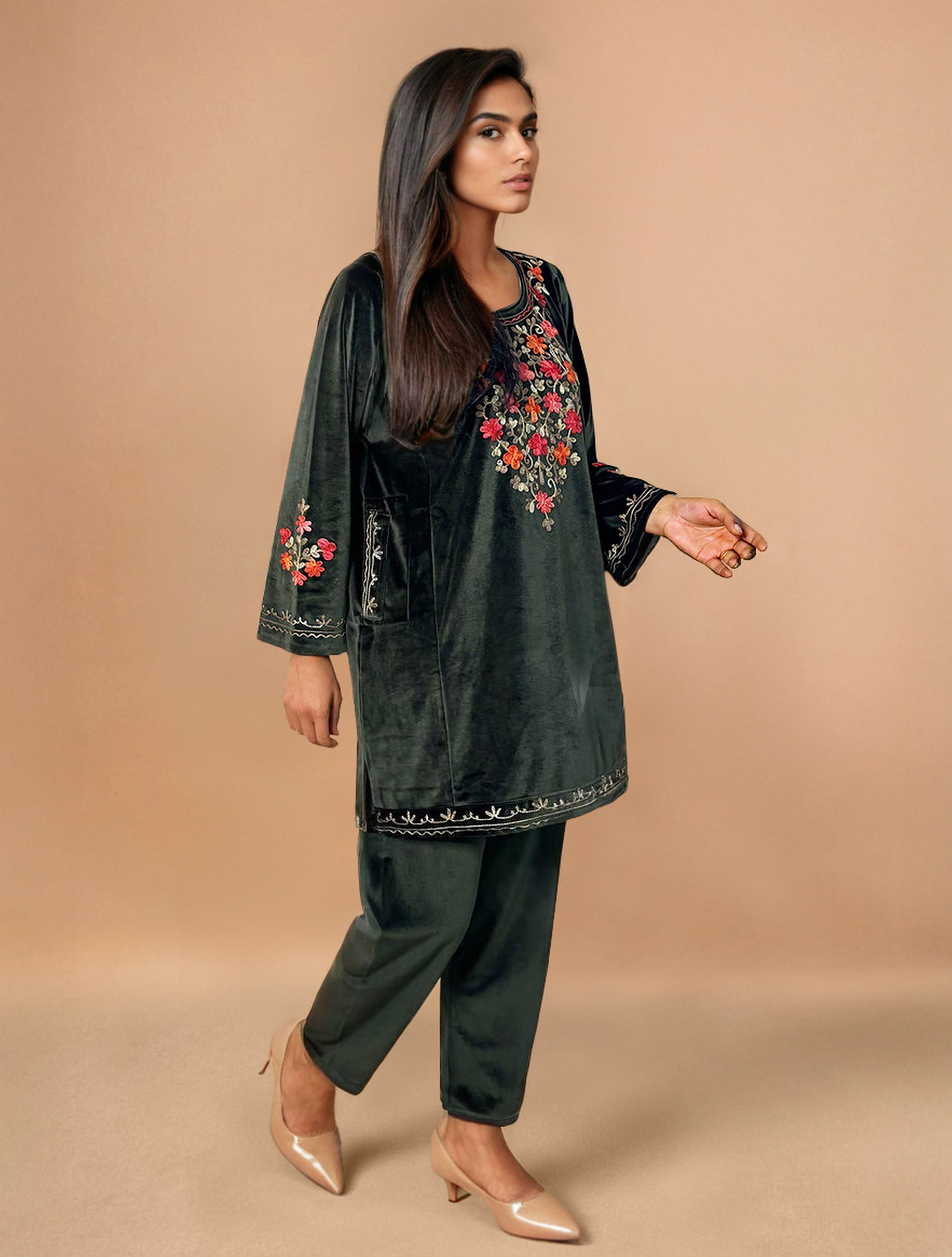 trueBrowns Olive Green Velvet Embroidered Co-ord Set - Distacart