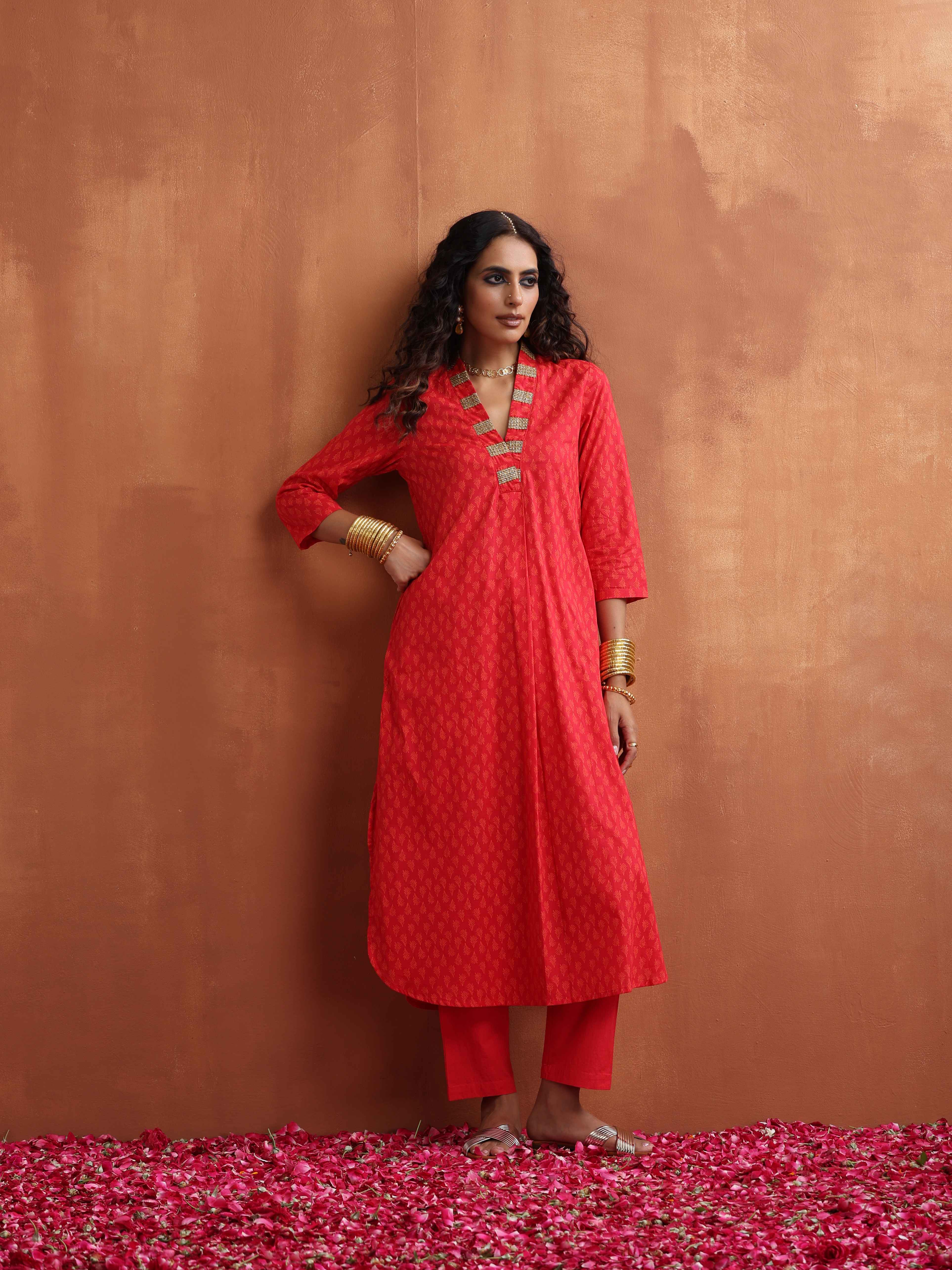 trueBrowns Red Print A-line Kurta Set - Distacart