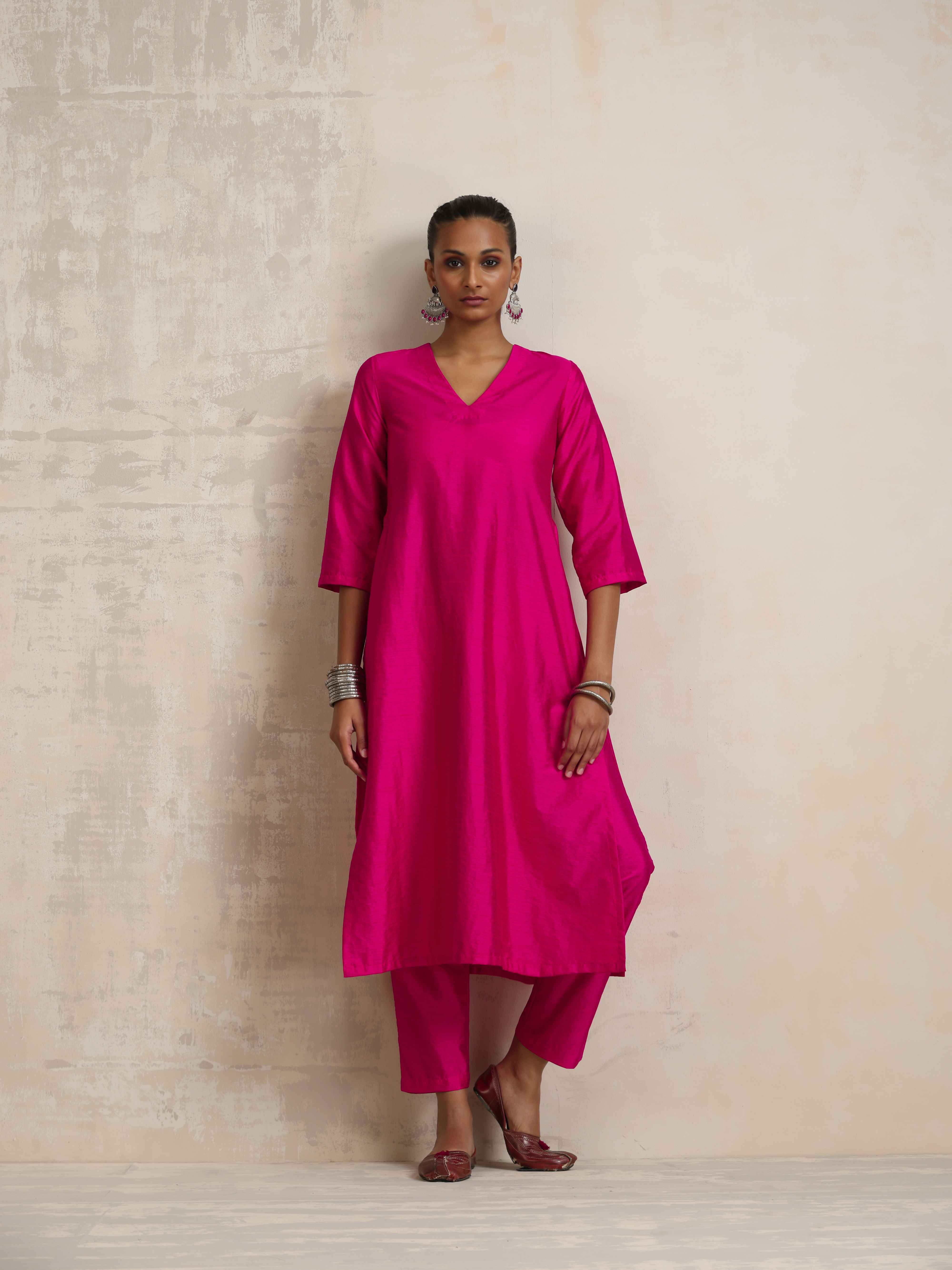 trueBrowns Pink Silk High Slit Kurta Set - Distacart