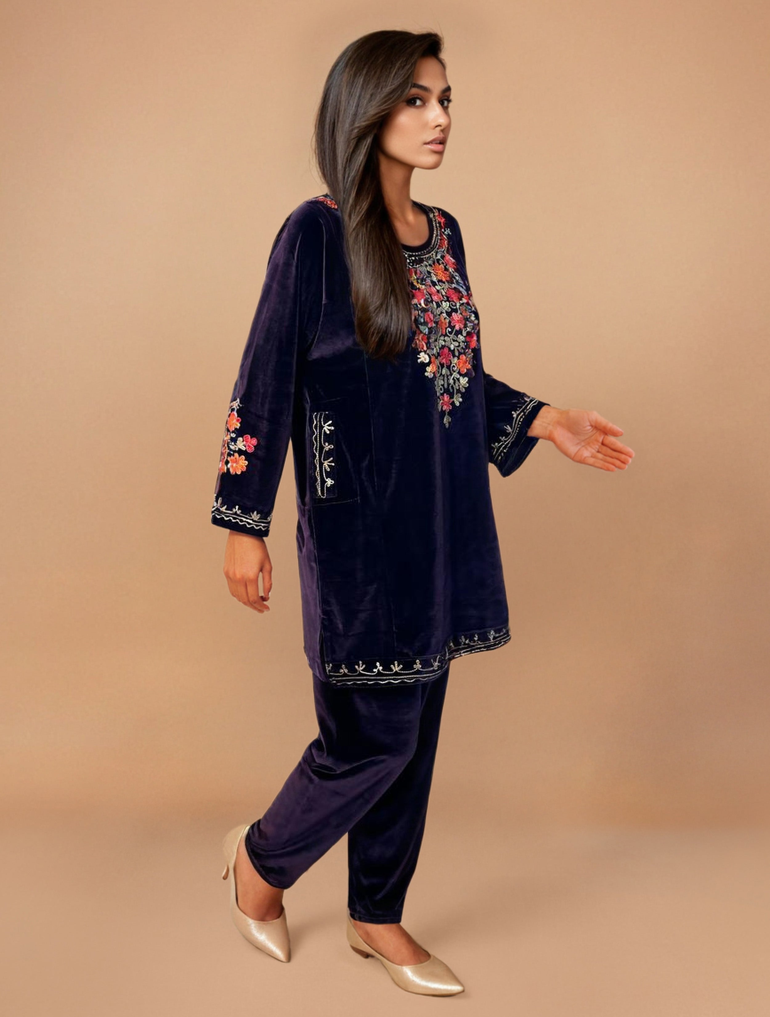 trueBrowns Purple Velvet Embroidered Co-ord Set - Distacart