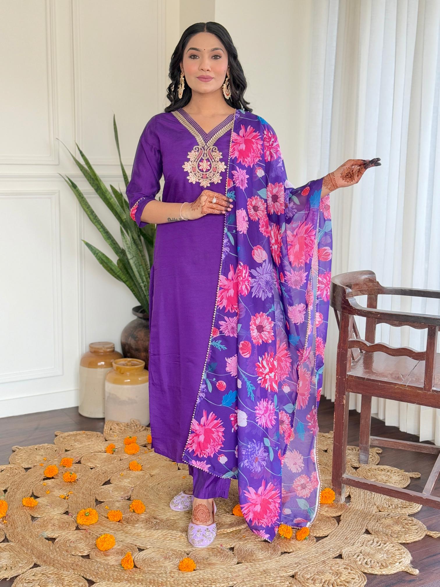 The52 Women's Beautiful Roman Silk Embroidered Straight Kurta with Pant And Dupatta Set