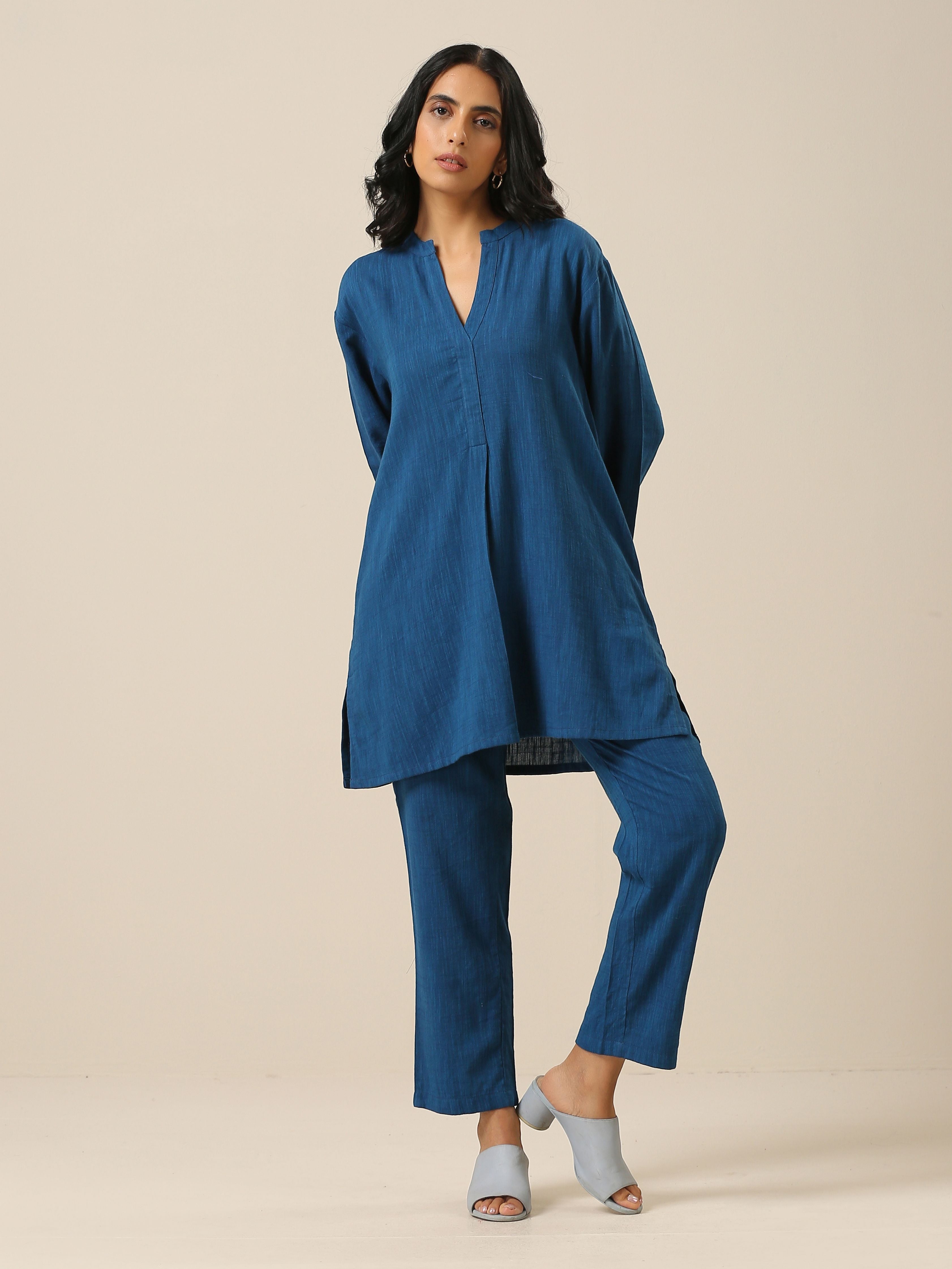 trueBrowns Classic Blue Slub Texture Relax Fit Co-Ord Set - Distacart