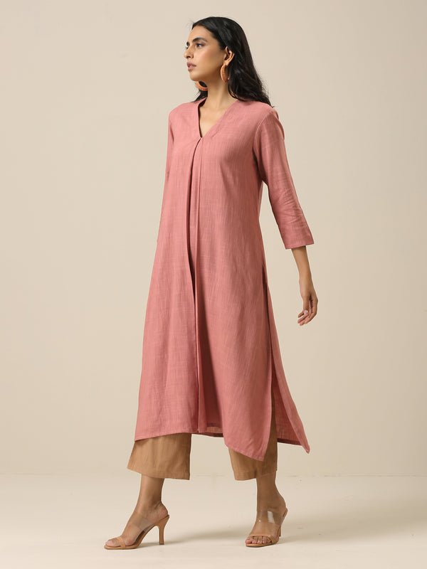 trueBrowns Light Mauve Slub Texture Neck Pleat Kurta Pant Set - Distacart